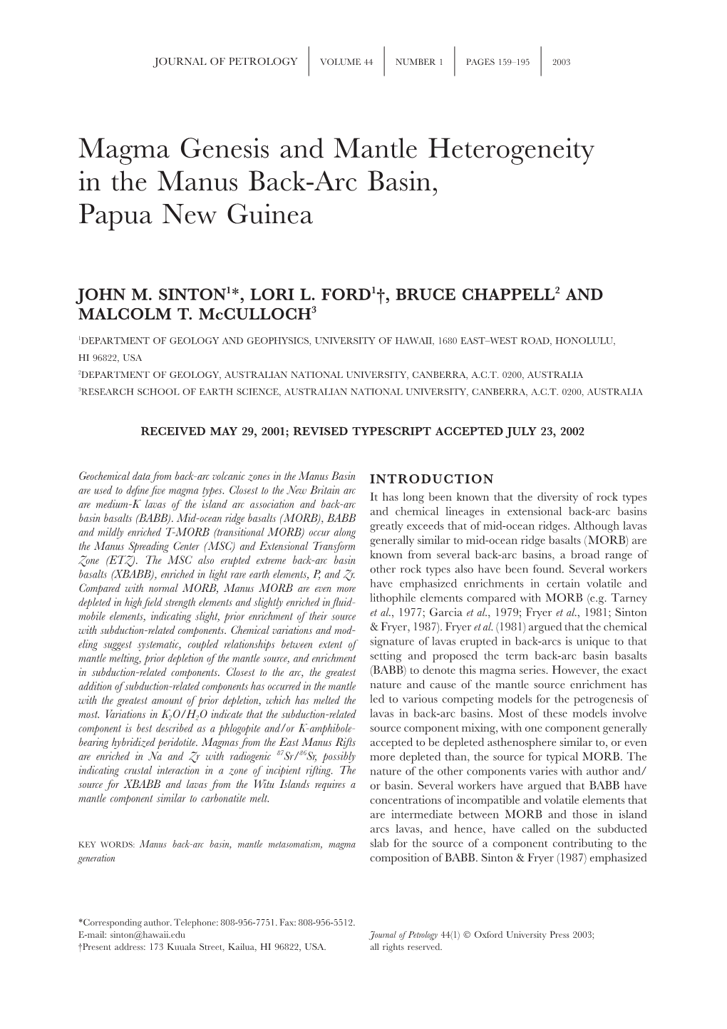 Magma Genesis and Mantle Heterogeneity in the Manus Back-Arc Basin, Papua New Guinea