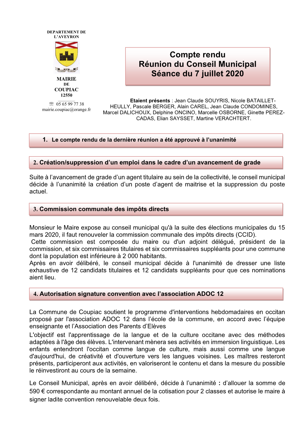 Compte Rendu Réunion Du Conseil Municipal Séance Du 7