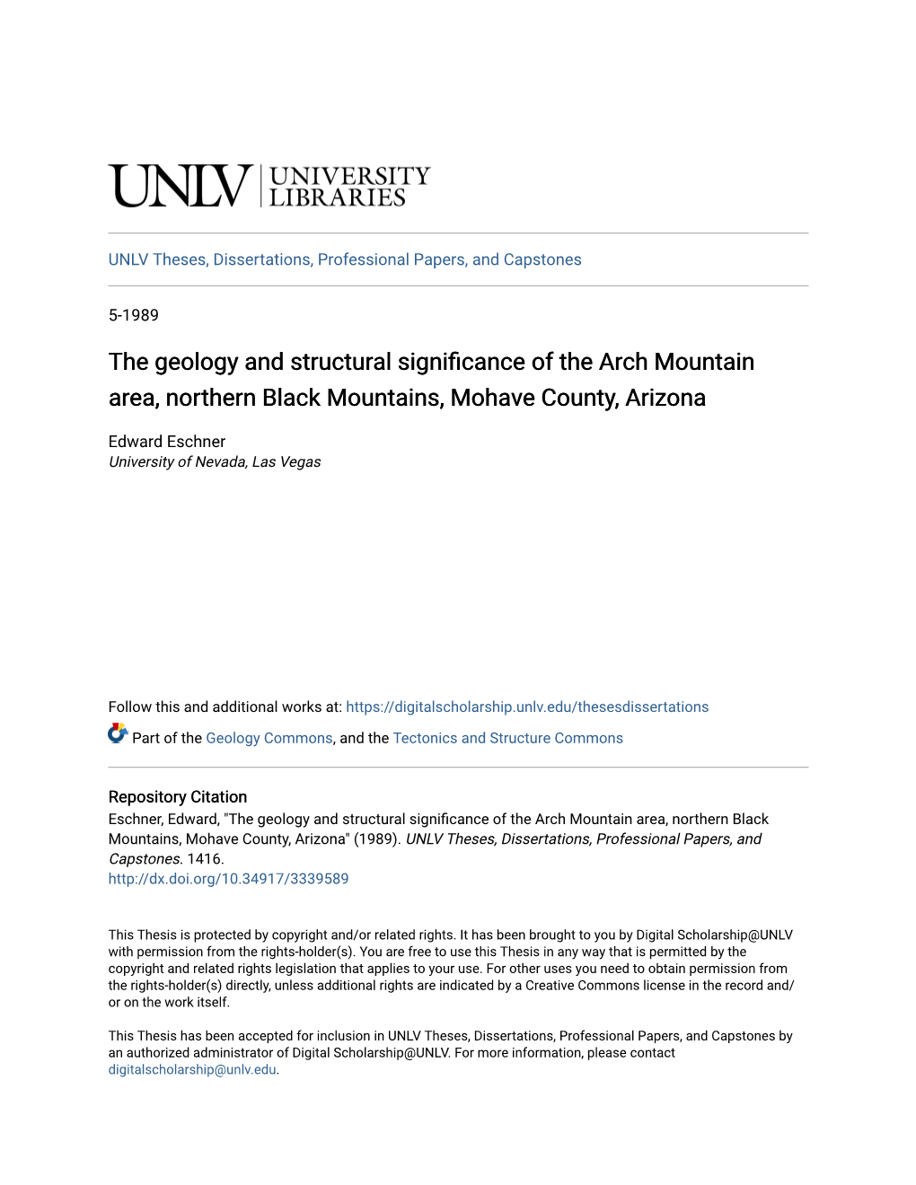 The Geology and Structural Significance of the Arch Mountain Area, Northern Black Mountains, Mohave County, Arizona