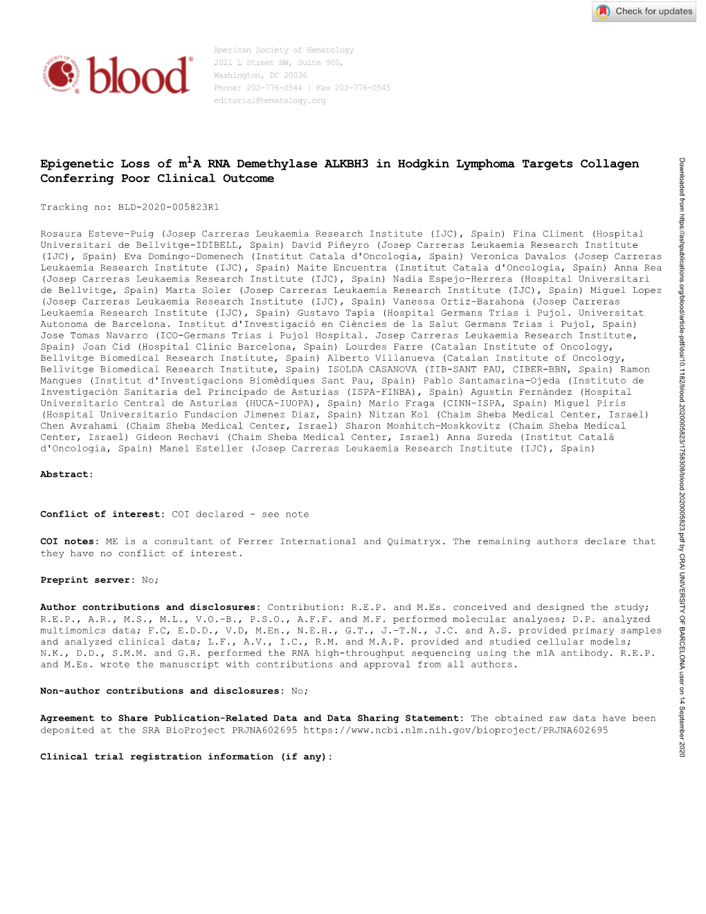 Epigenetic Loss of M a RNA Demethylase ALKBH3 in Hodgkin