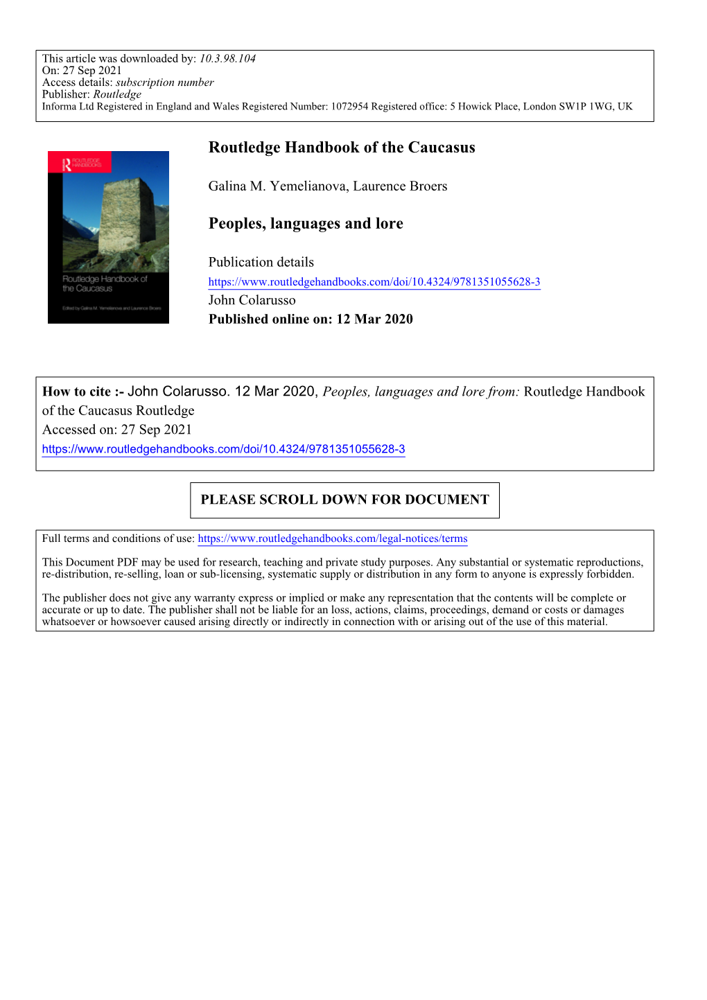 Routledge Handbook of the Caucasus Peoples, Languages and Lore