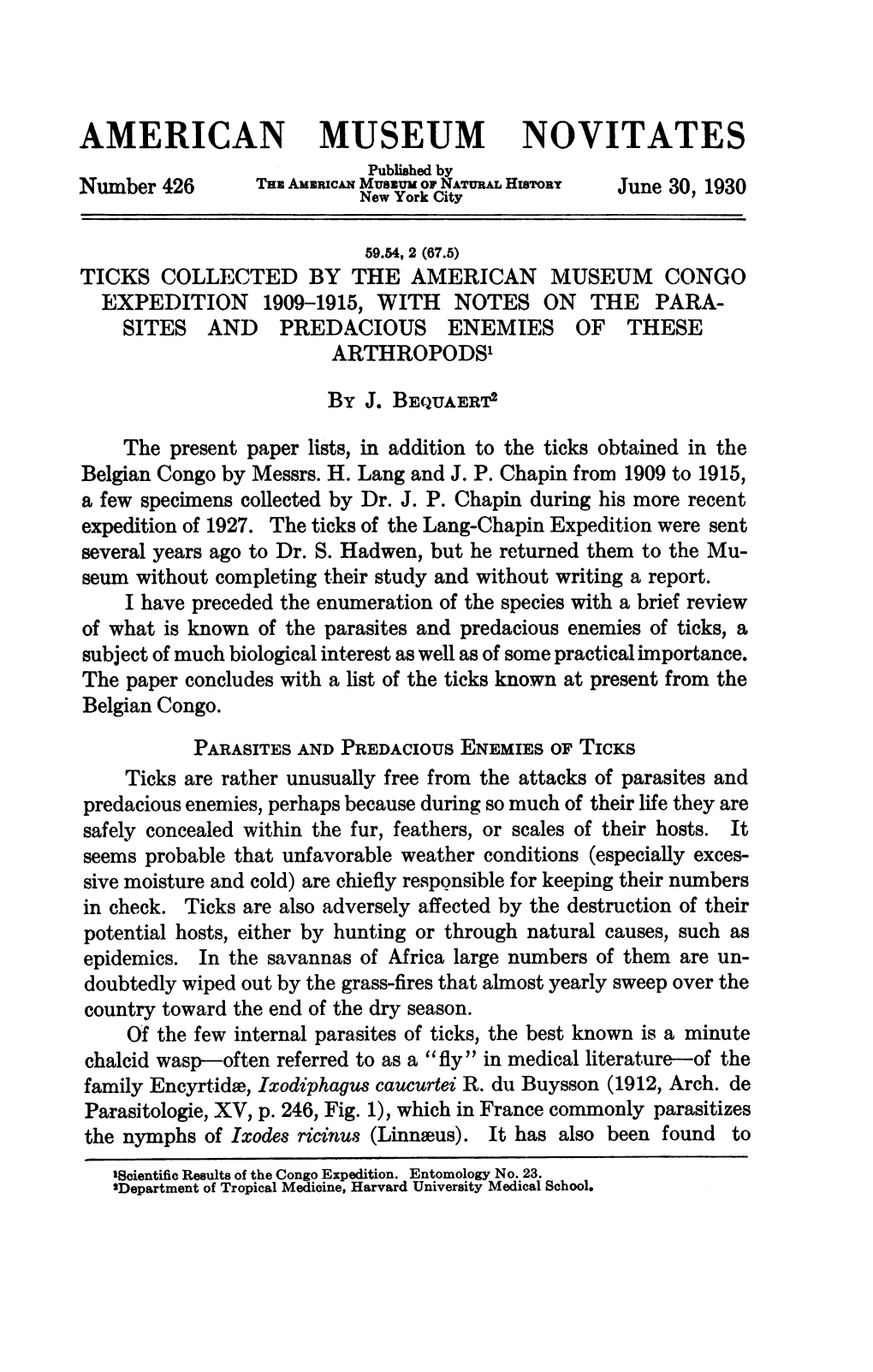 AMERICAN MUSEUM NOVITATES Published by Number 426 Tneamricai Museum Or NATUAL Hisrory June 30, 1930