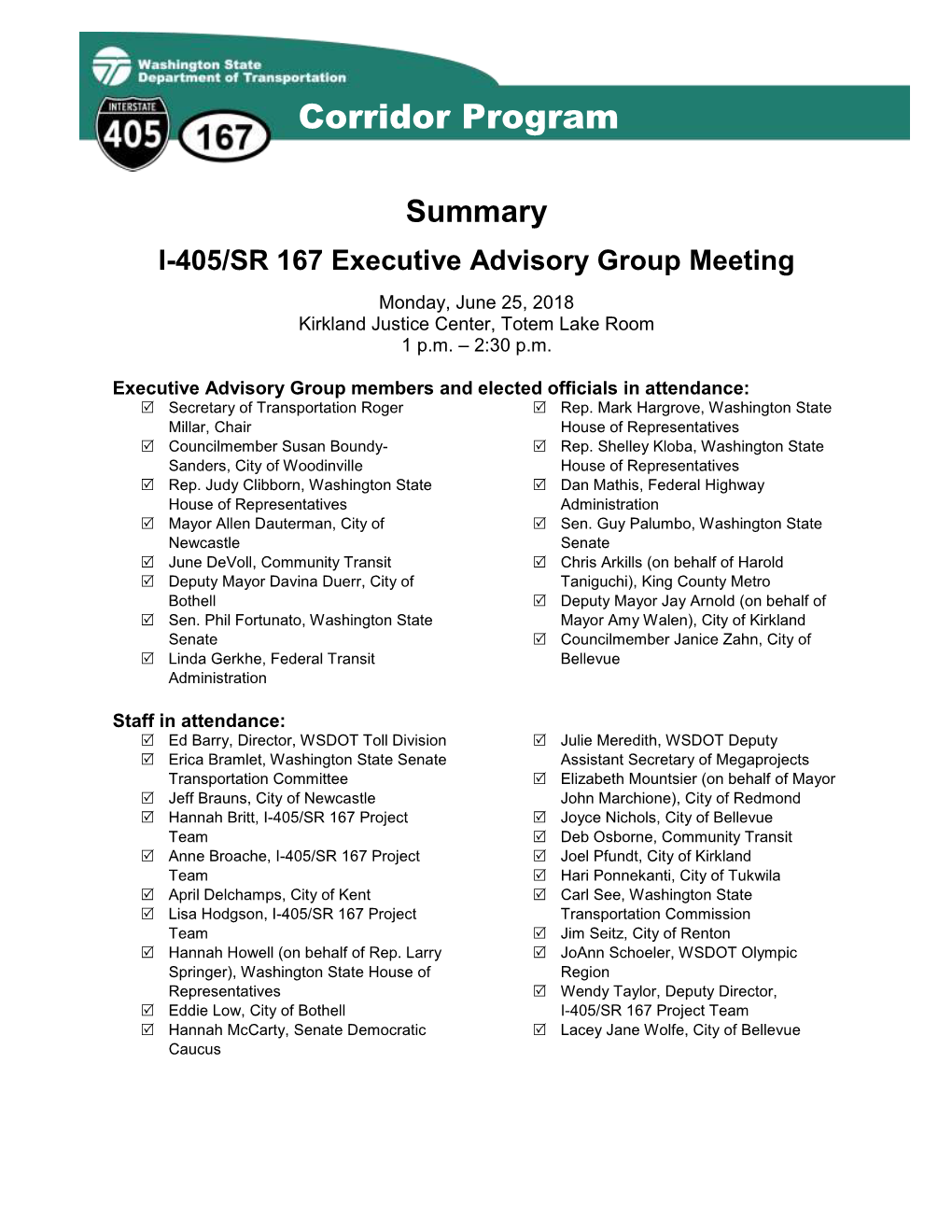 I-405/SR 167 Executive Advisory Group Meeting Summary
