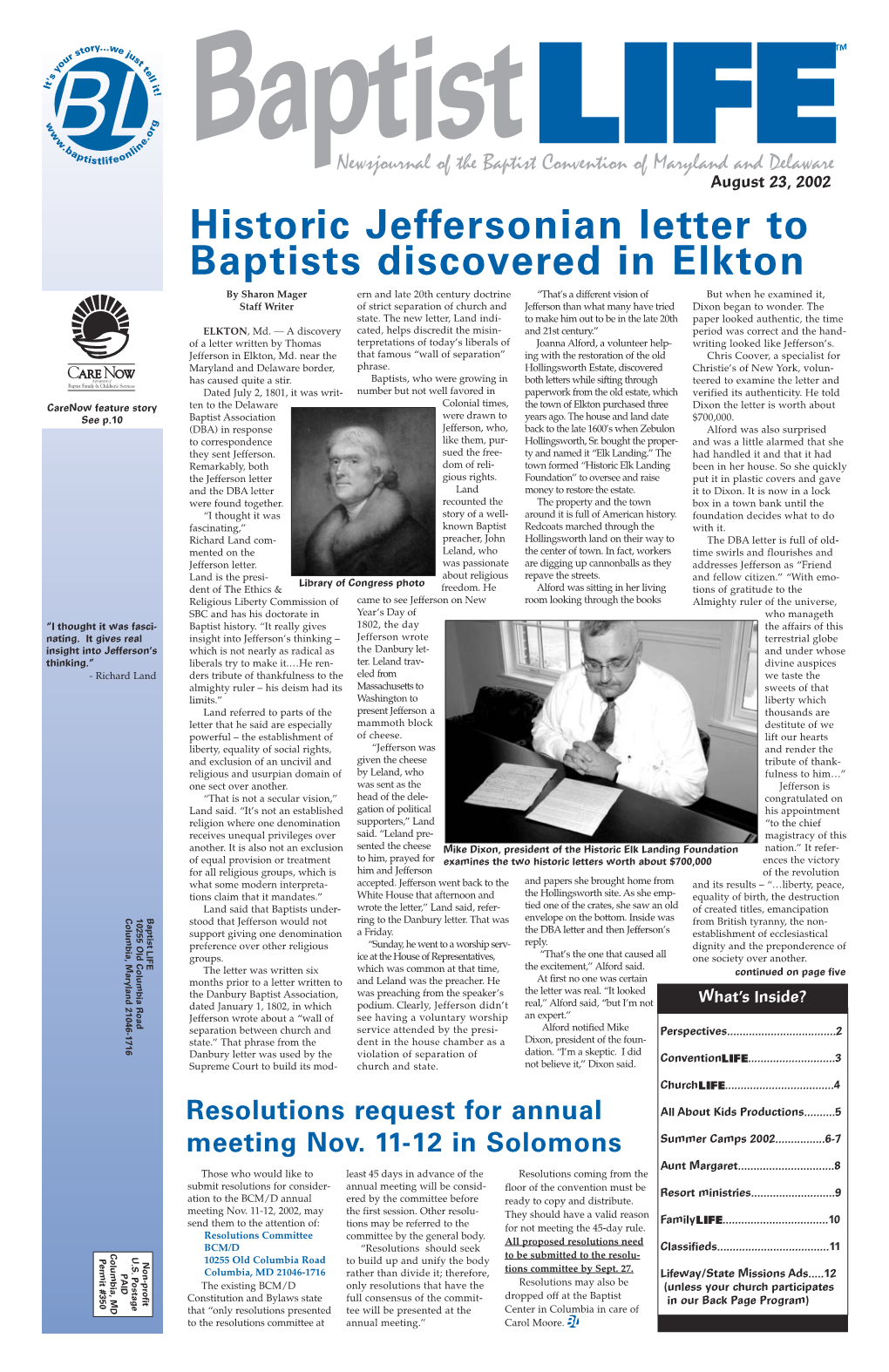 Historic Jeffersonian Letter to Baptists Discovered in Elkton