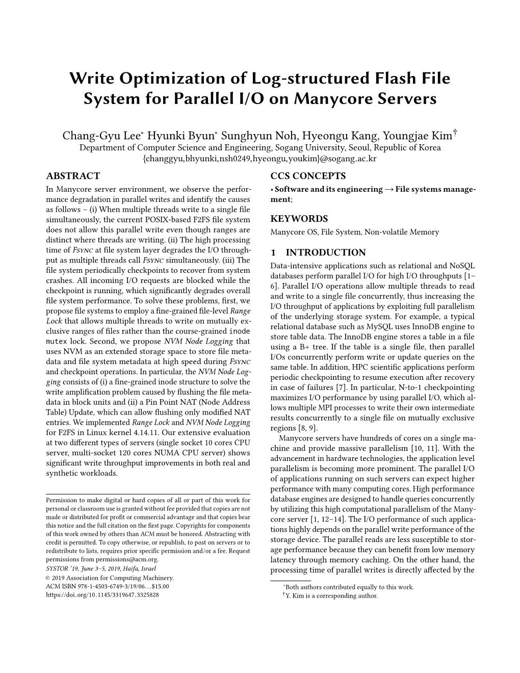 Write Optimization of Log-Structured Flash File System for Parallel I/O on Manycore Servers