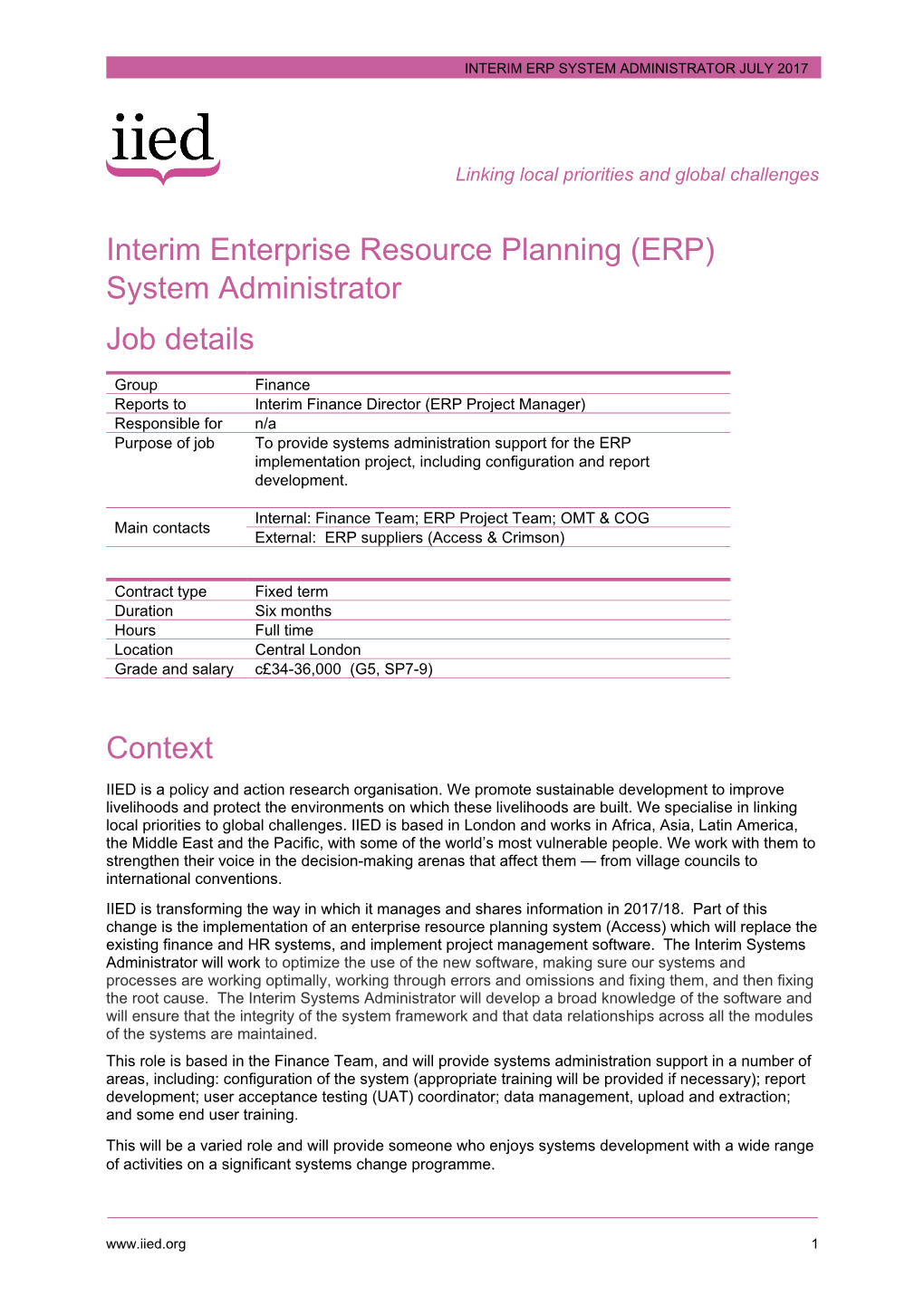 Interim Enterprise Resource Planning (ERP) System Administrator Job Details