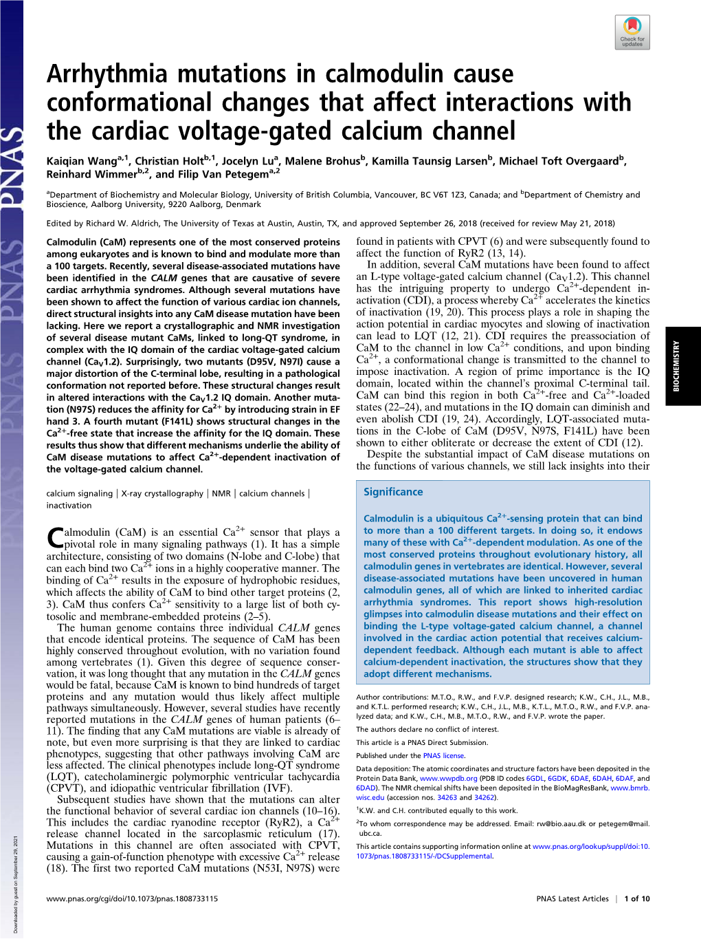 Arrhythmia Mutations in Calmodulin Cause Conformational Changes That Affect Interactions with the Cardiac Voltage-Gated Calcium Channel