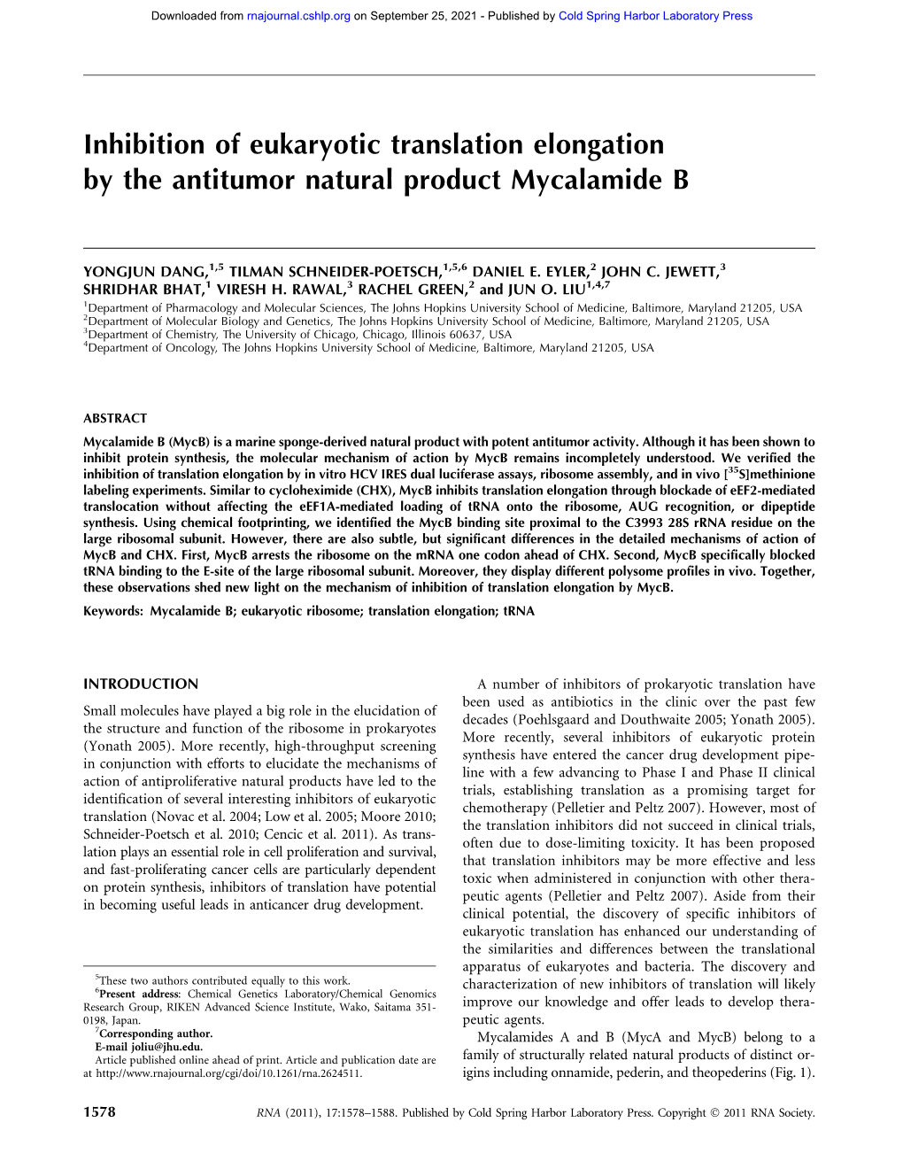 Inhibition of Eukaryotic Translation Elongation by the Antitumor Natural Product Mycalamide B