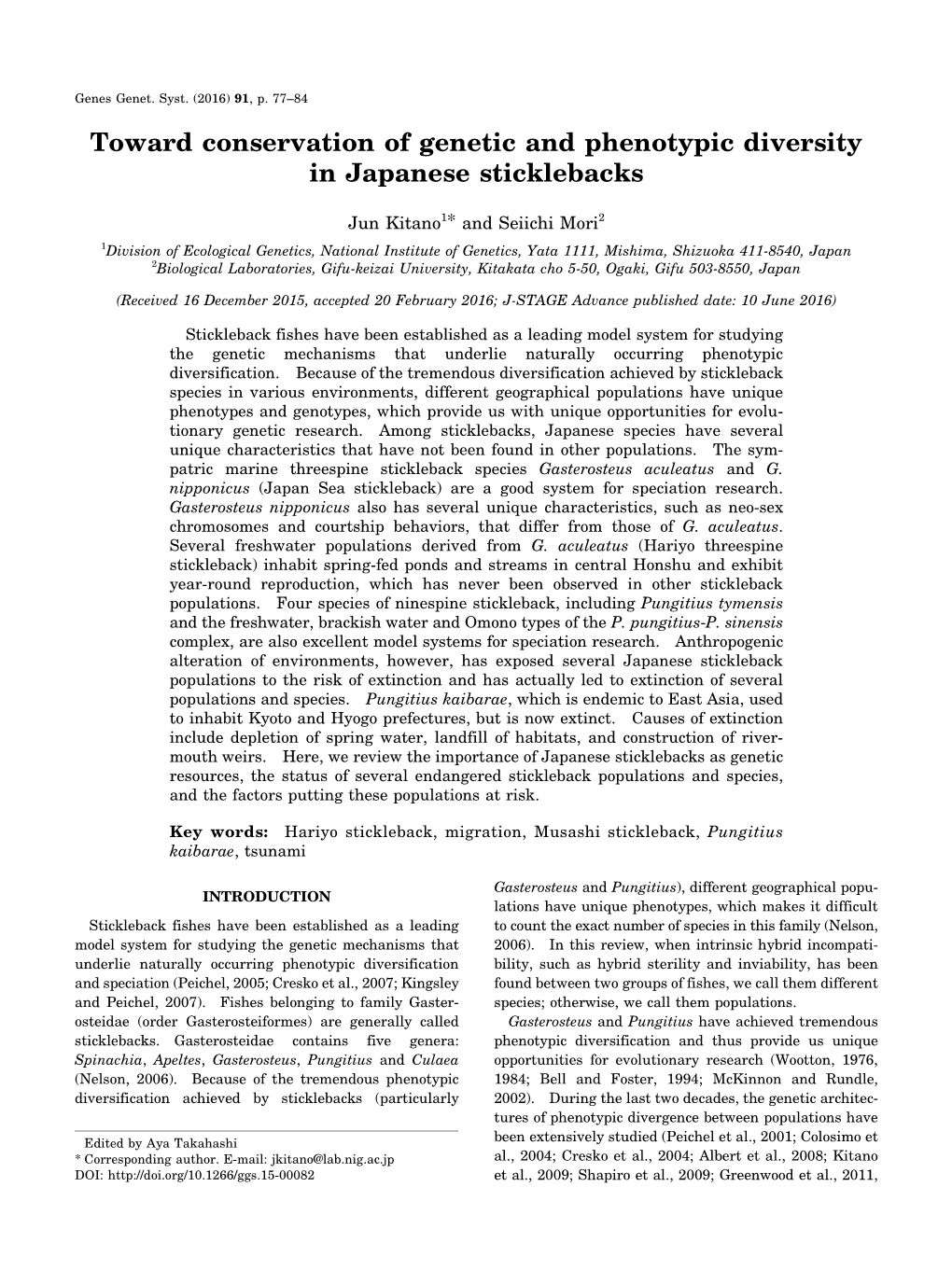 Toward Conservation of Genetic and Phenotypic Diversity in Japanese Sticklebacks