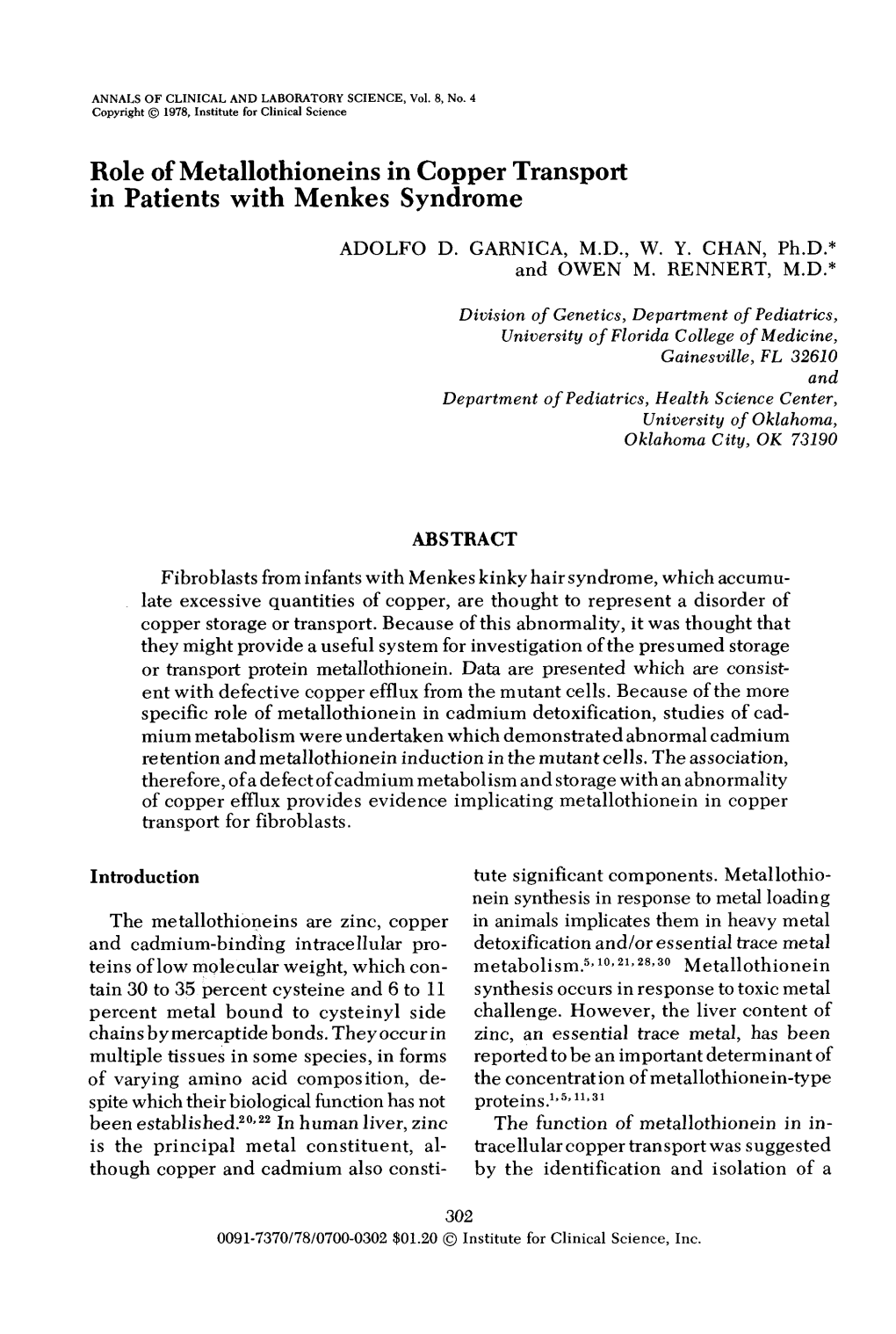 Role of Metallothioneins in Copper Transport in Patients with Menkes Syndrome