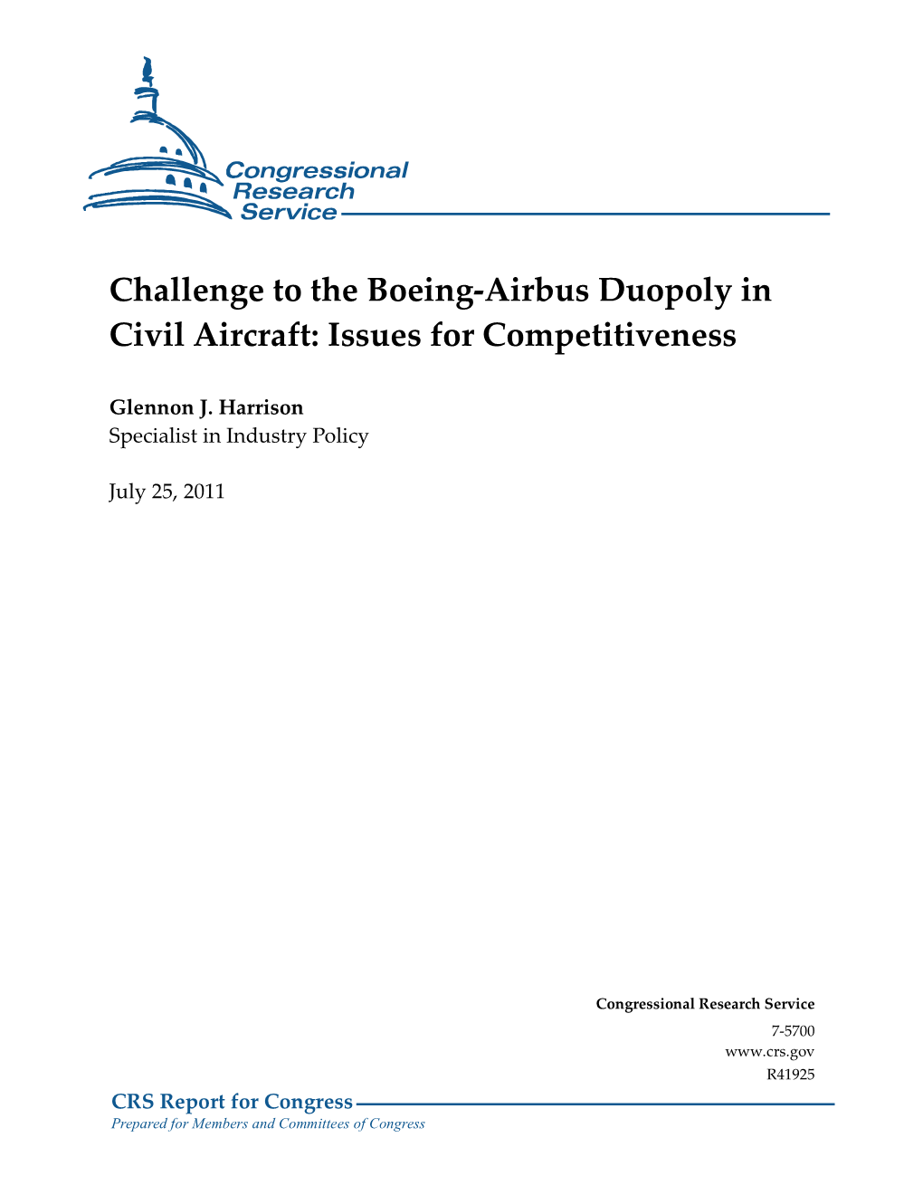 Challenge to the Boeing-Airbus Duopoly in Civil Aircraft: Issues for Competitiveness