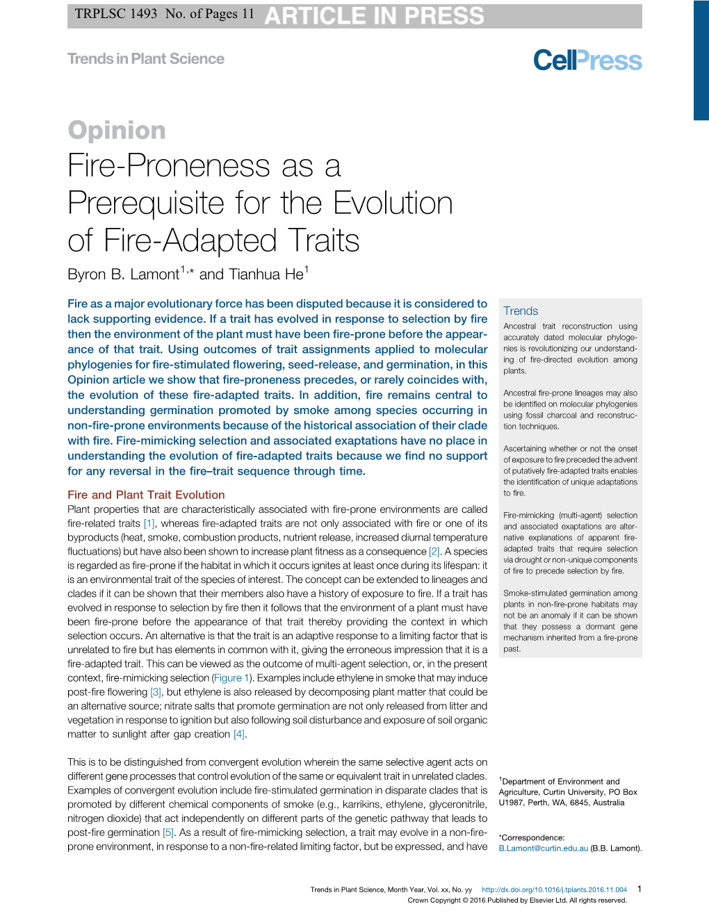 Fire-Proneness As a Prerequisite for the Evolution of Fire-Adapted Traits