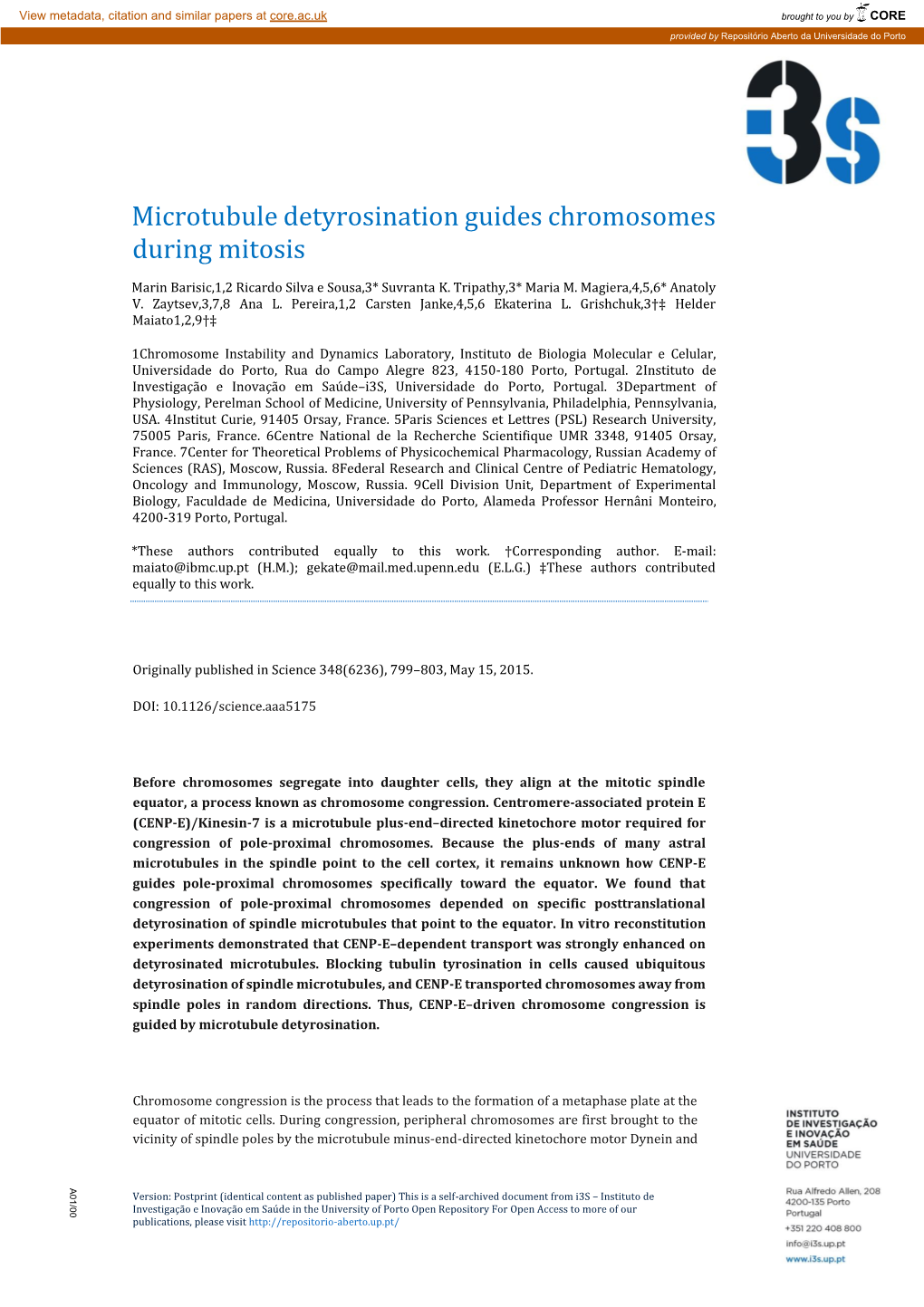 Microtubule Detyrosination Guides Chromosomes During Mitosis