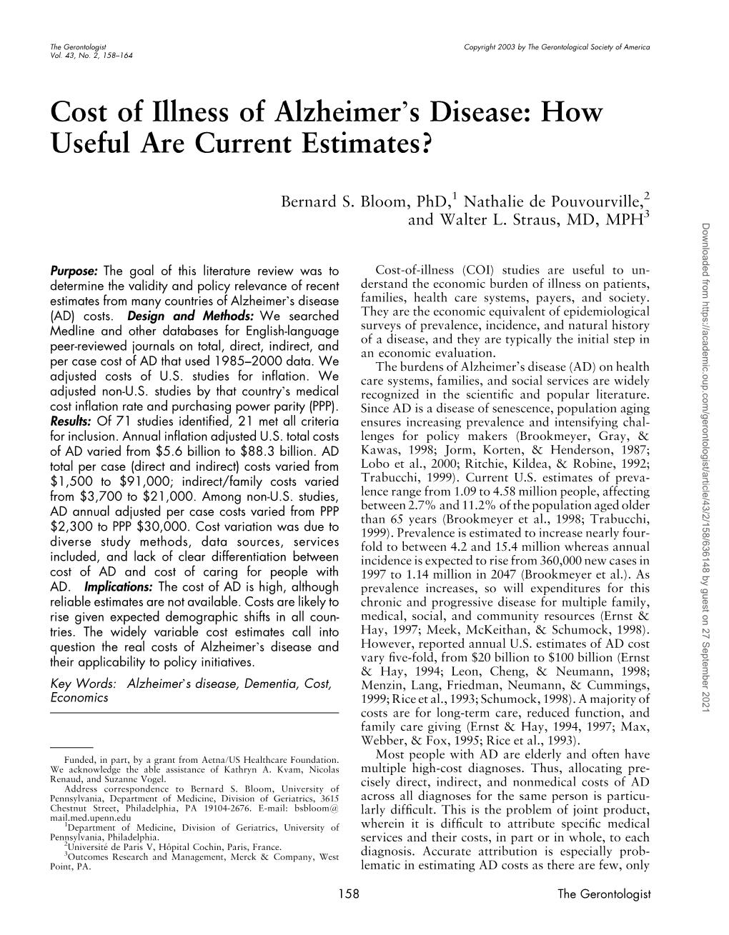 Cost of Illness of Alzheimer's Disease