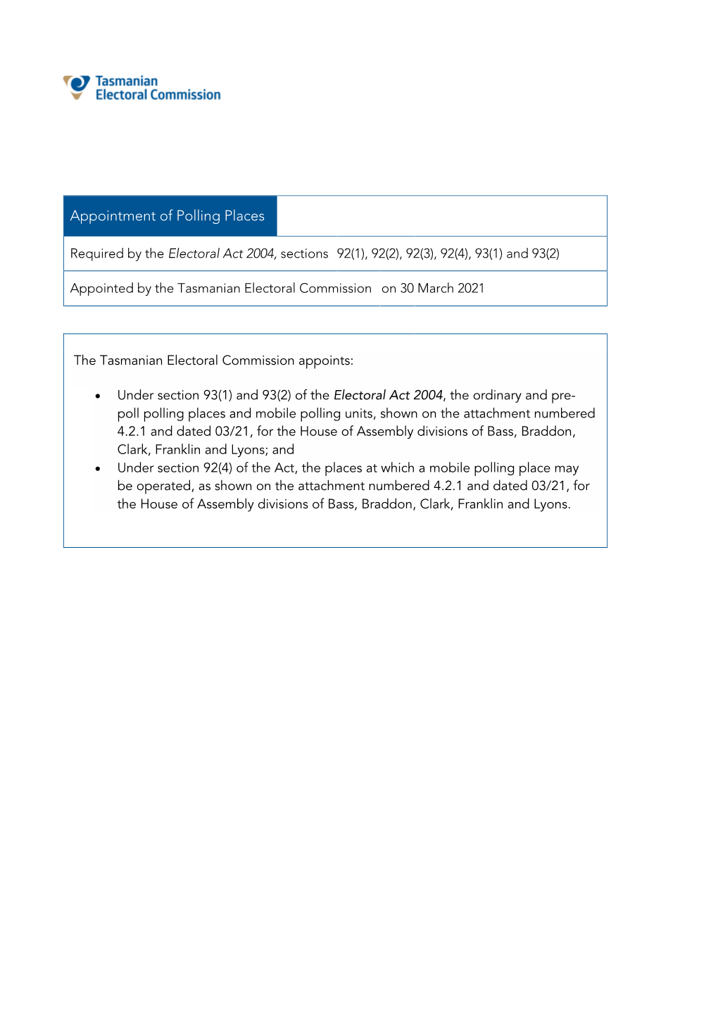 Appointment of Polling Places