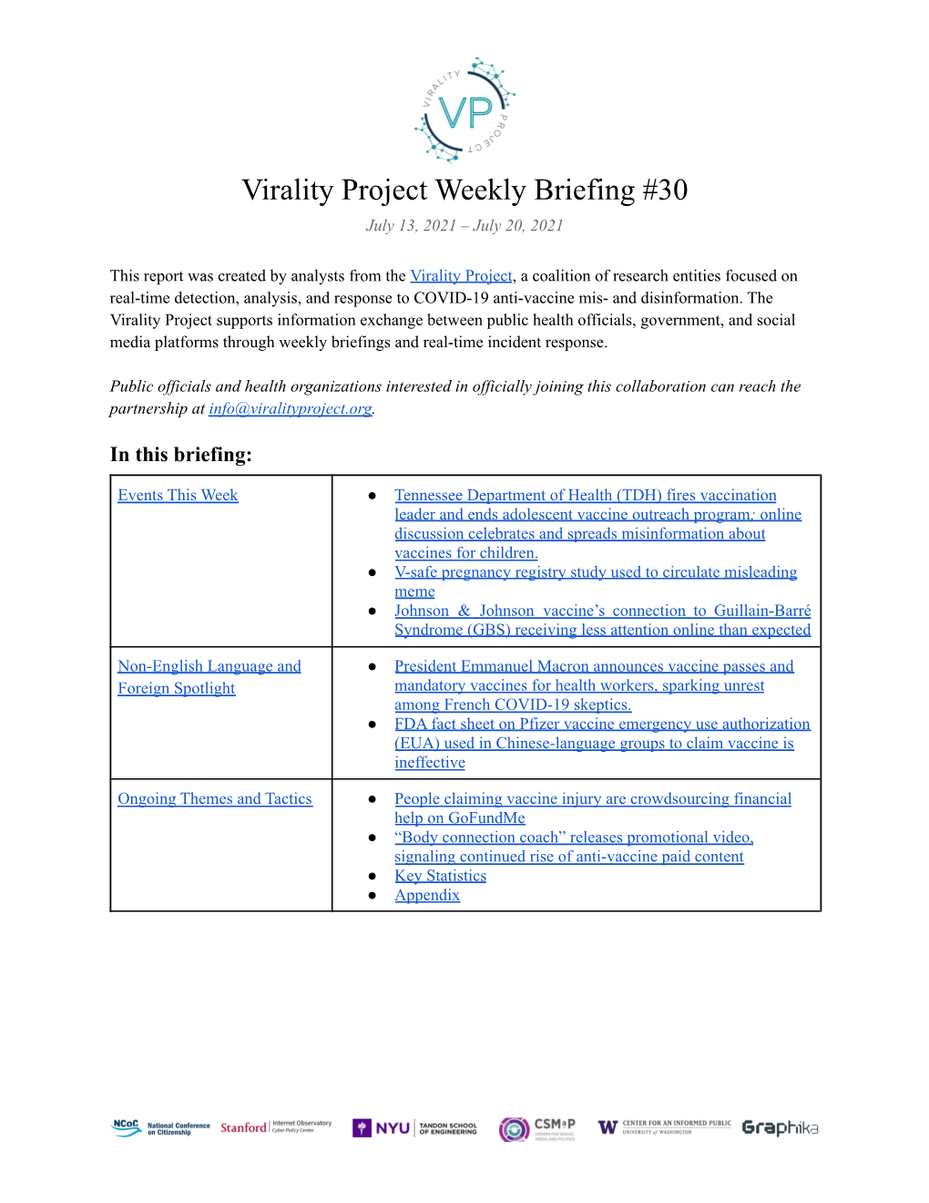 Virality Project Weekly Briefing #30 July 13, 2021 – July 20, 2021