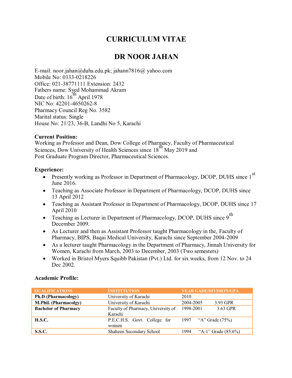 Curriculum Vitae Dr Noor Jahan