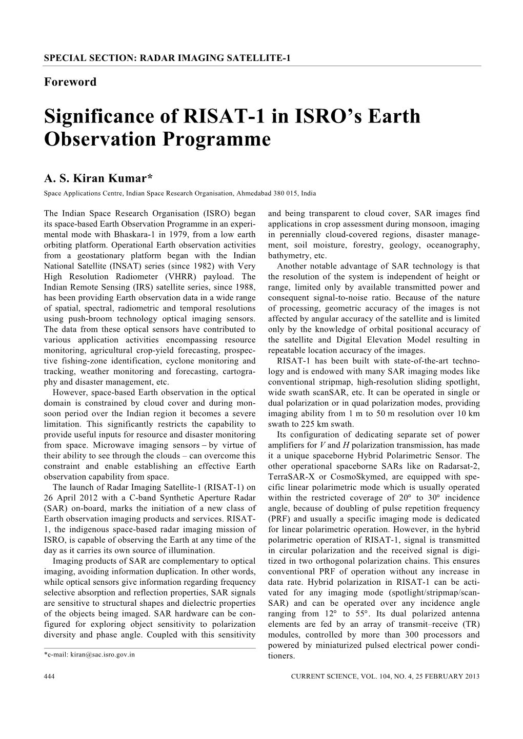 Significance of RISAT-1 in ISRO's Earth Observation Programme