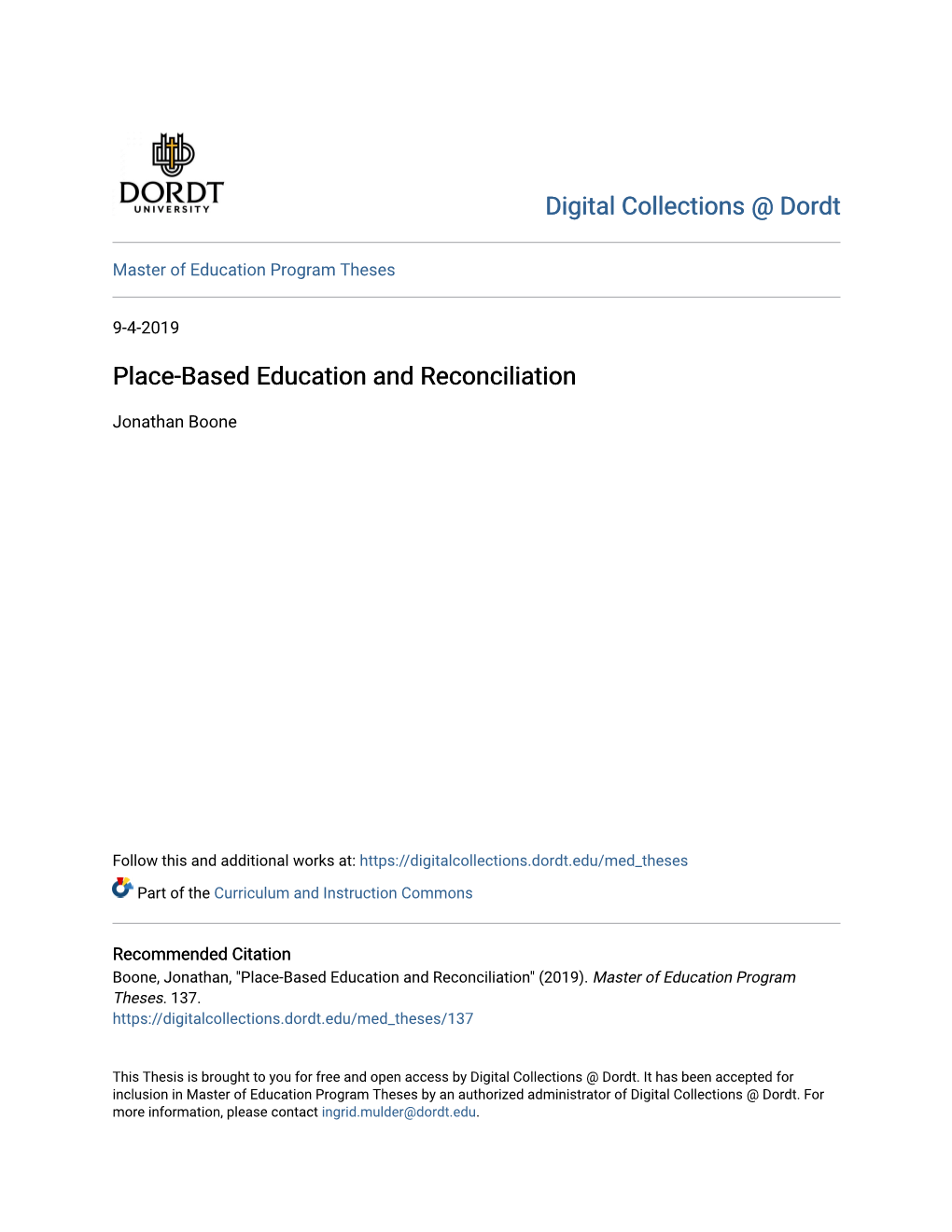 Place-Based Education and Reconciliation