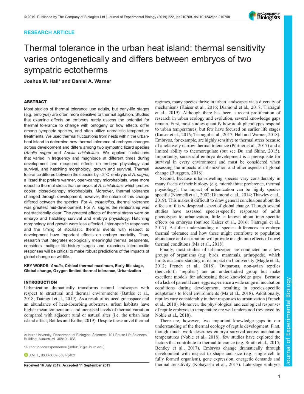 Thermal Tolerance in the Urban Heat Island: Thermal Sensitivity Varies Ontogenetically and Differs Between Embryos of Two Sympatric Ectotherms Joshua M