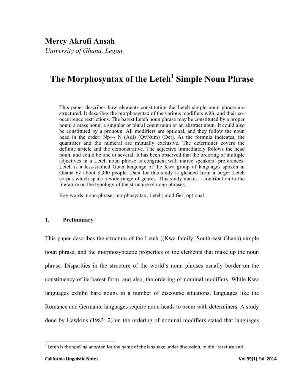 The Morphosyntax of the Leteh Simple Noun Phrase