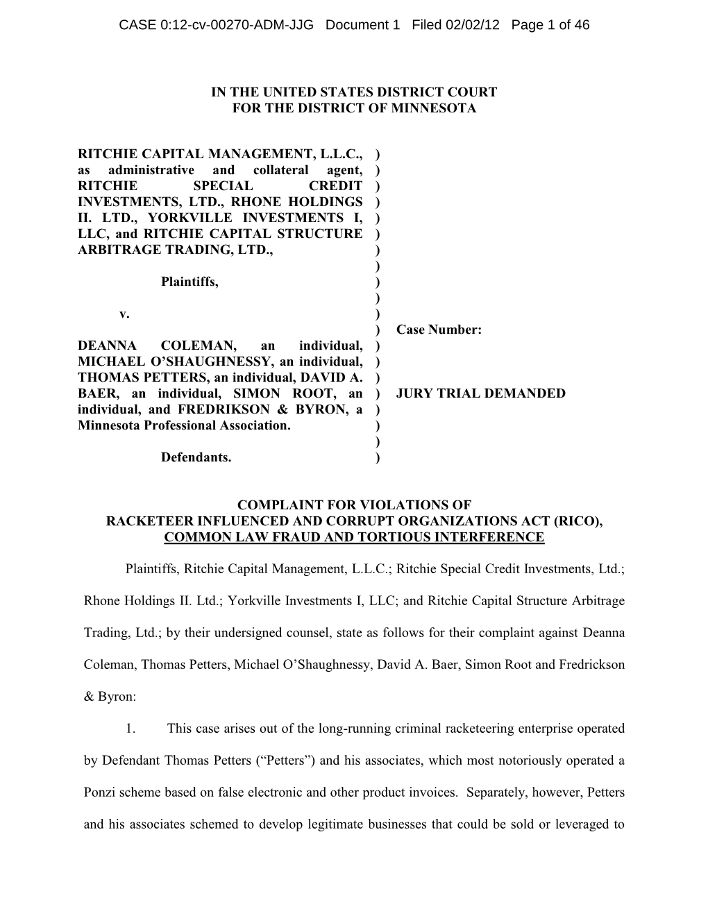 CASE 0:12-Cv-00270-ADM-JJG Document 1 Filed 02/02/12 Page 1 of 46