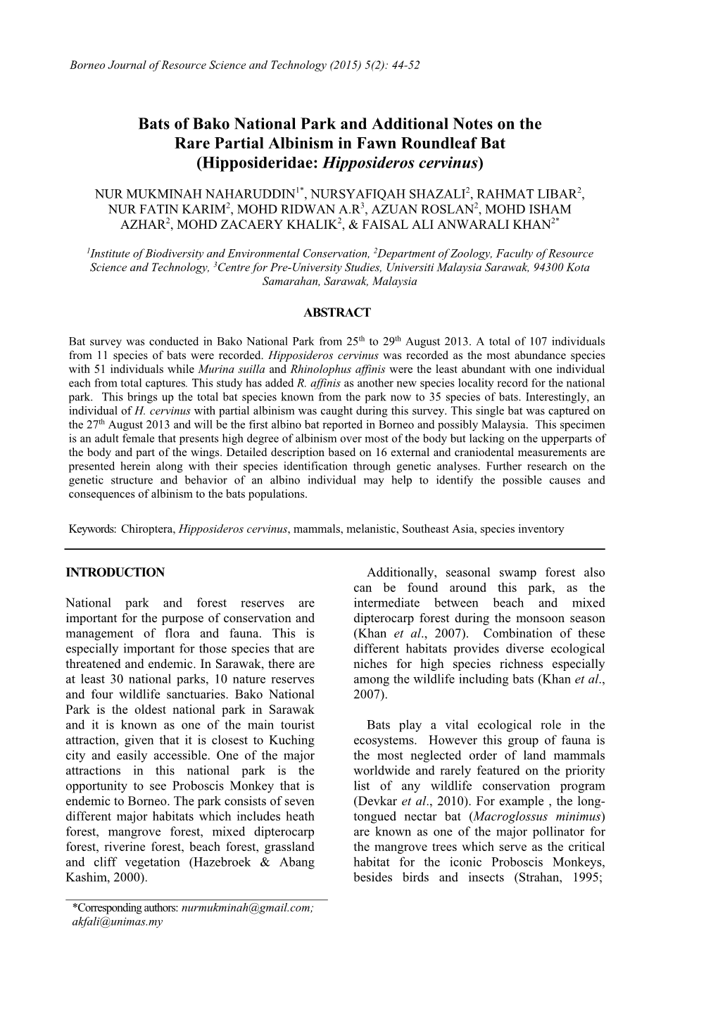 Bats of Bako National Park and Additional Notes on the Rare Partial Albinism in Fawn Roundleaf Bat (Hipposideridae: Hipposideros Cervinus)