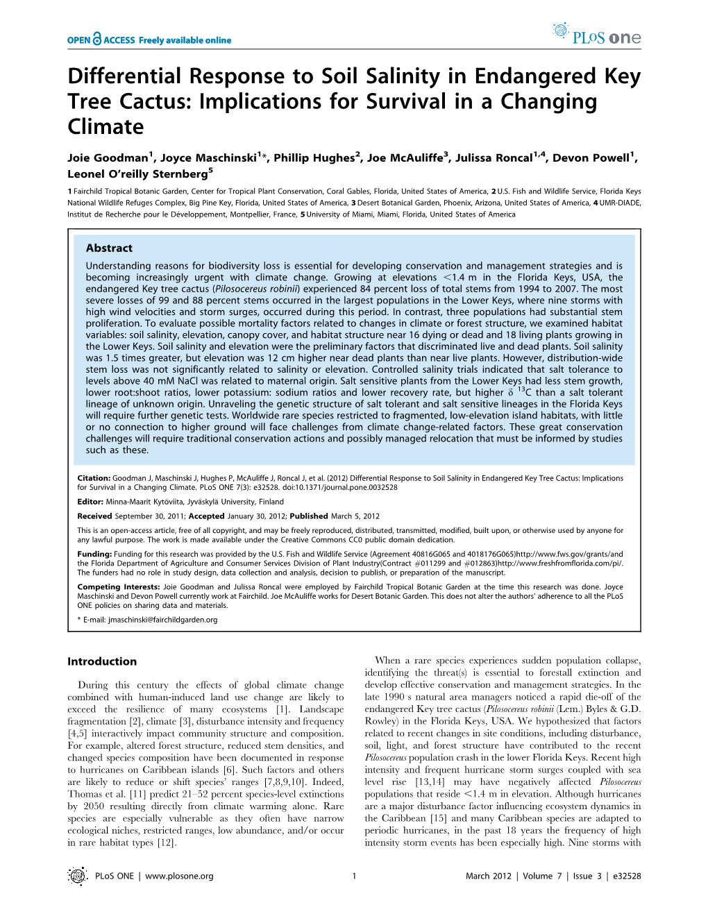 Differential Response to Soil Salinity in Endangered Key Tree Cactus: Implications for Survival in a Changing Climate