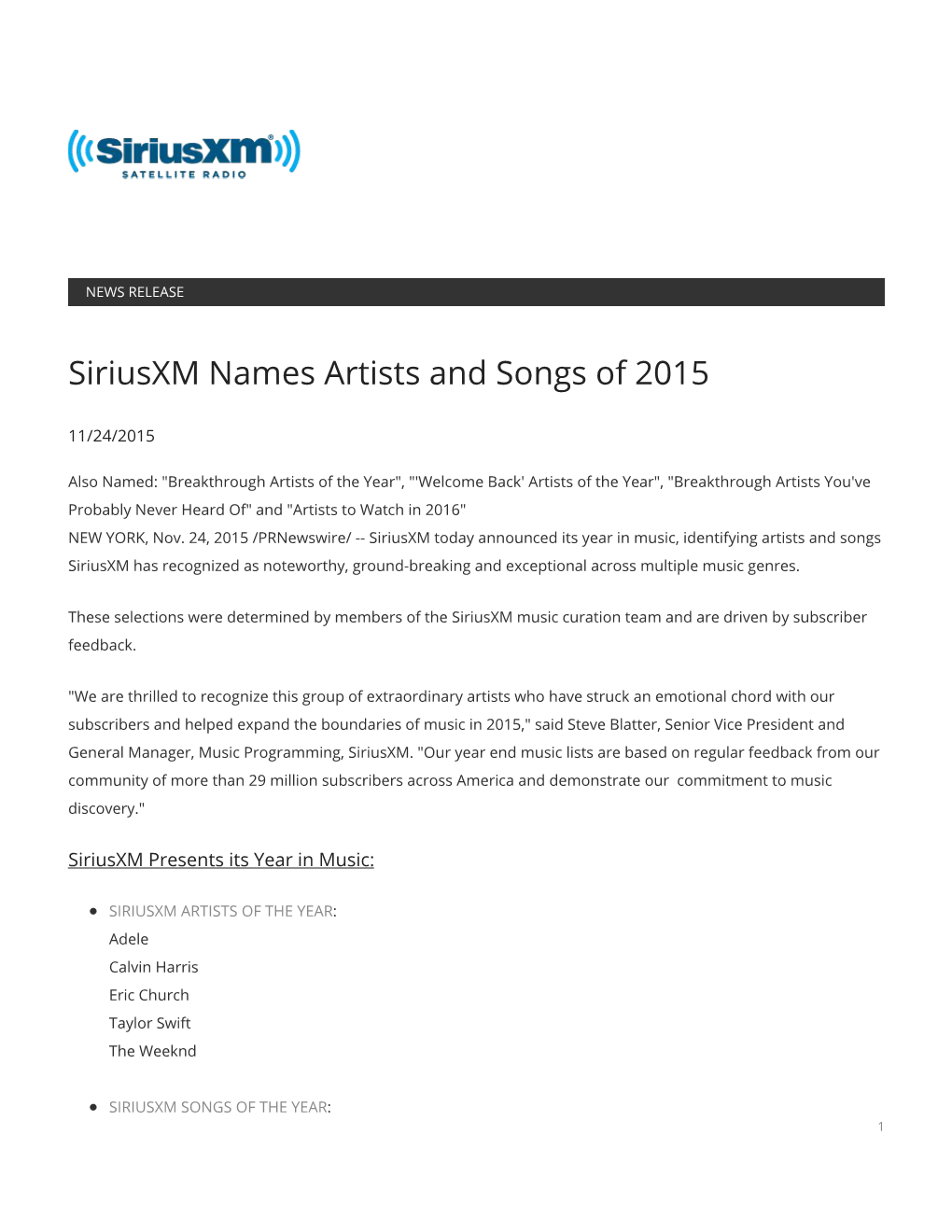 Siriusxm Names Artists and Songs of 2015