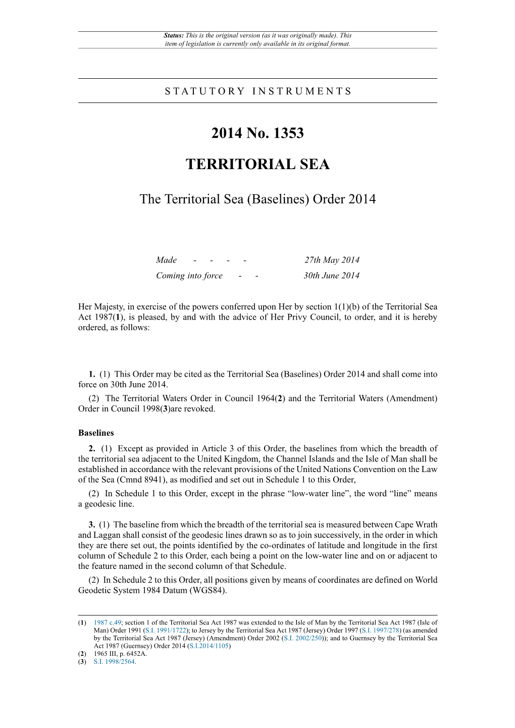 The Territorial Sea (Baselines) Order 2014