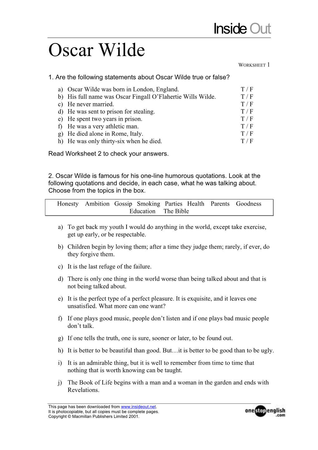 Oscar Wilde WORKSHEET 1 1