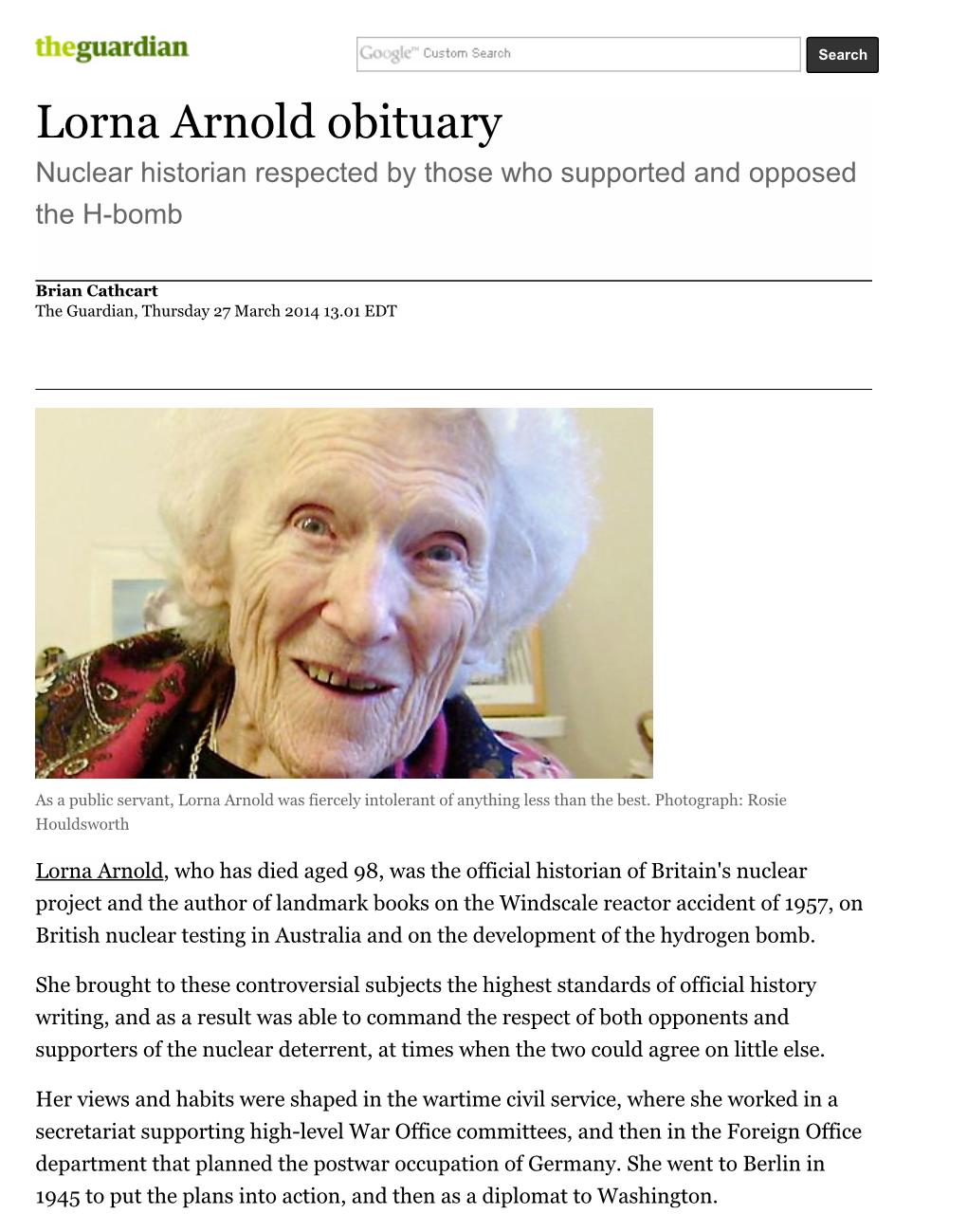 Lorna Arnold Obituary Nuclear Historian Respected by Those Who Supported and Opposed the H-Bomb