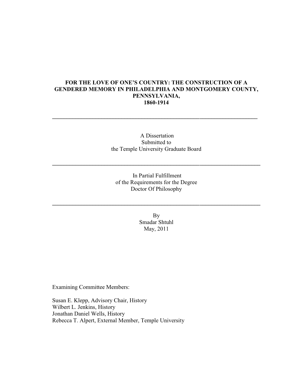 The Construction of a Gendered Memory in Philadelphia and Montgomery County, Pennsylvania, 1860-1914