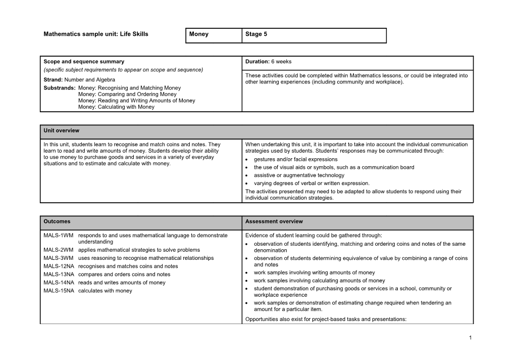 Mathematics Sample Unit: Life Skills