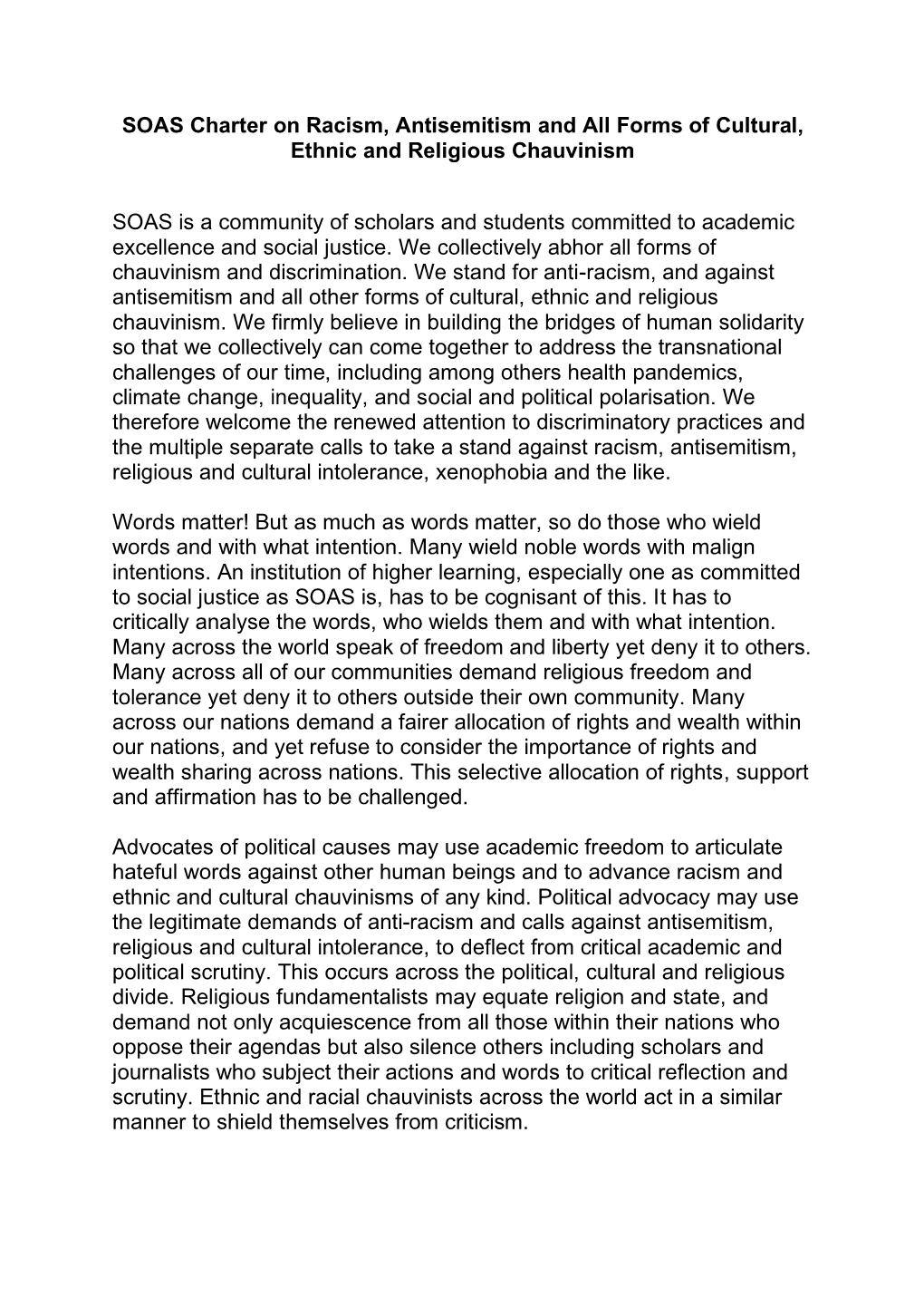 SOAS Charter on Racism, Antisemitism and All Forms of Cultural, Ethnic and Religious Chauvinism