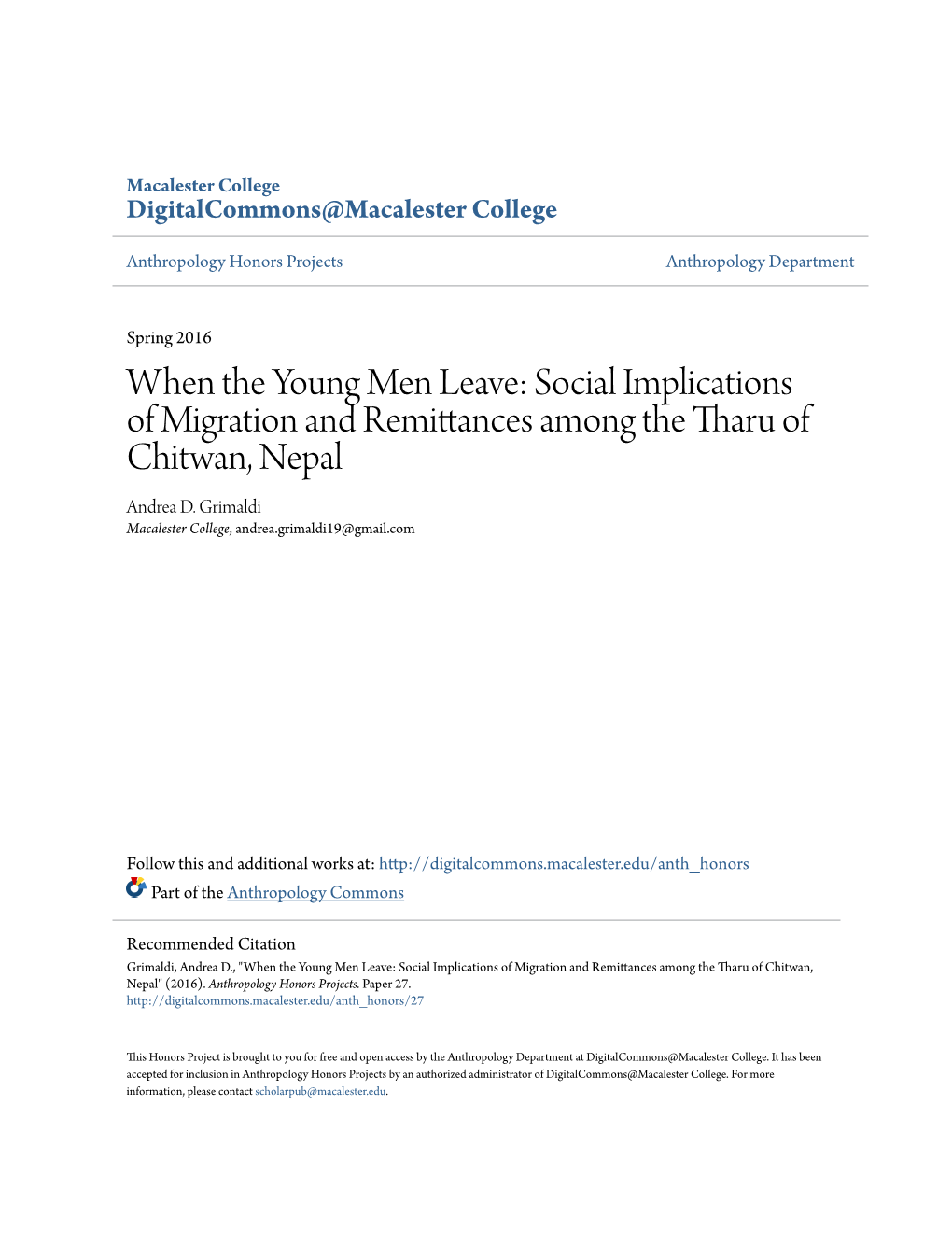 Social Implications of Migration and Remittances Among the Tharu of Chitwan, Nepal Andrea D