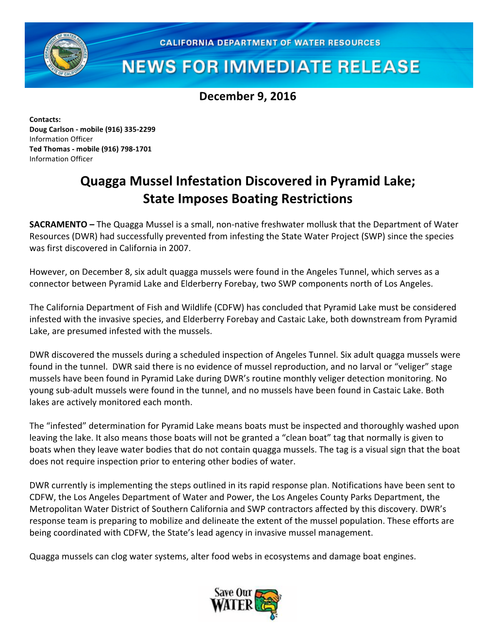 Quagga Mussel Infestation Discovered in Pyramid Lake; State Imposes Boating Restrictions