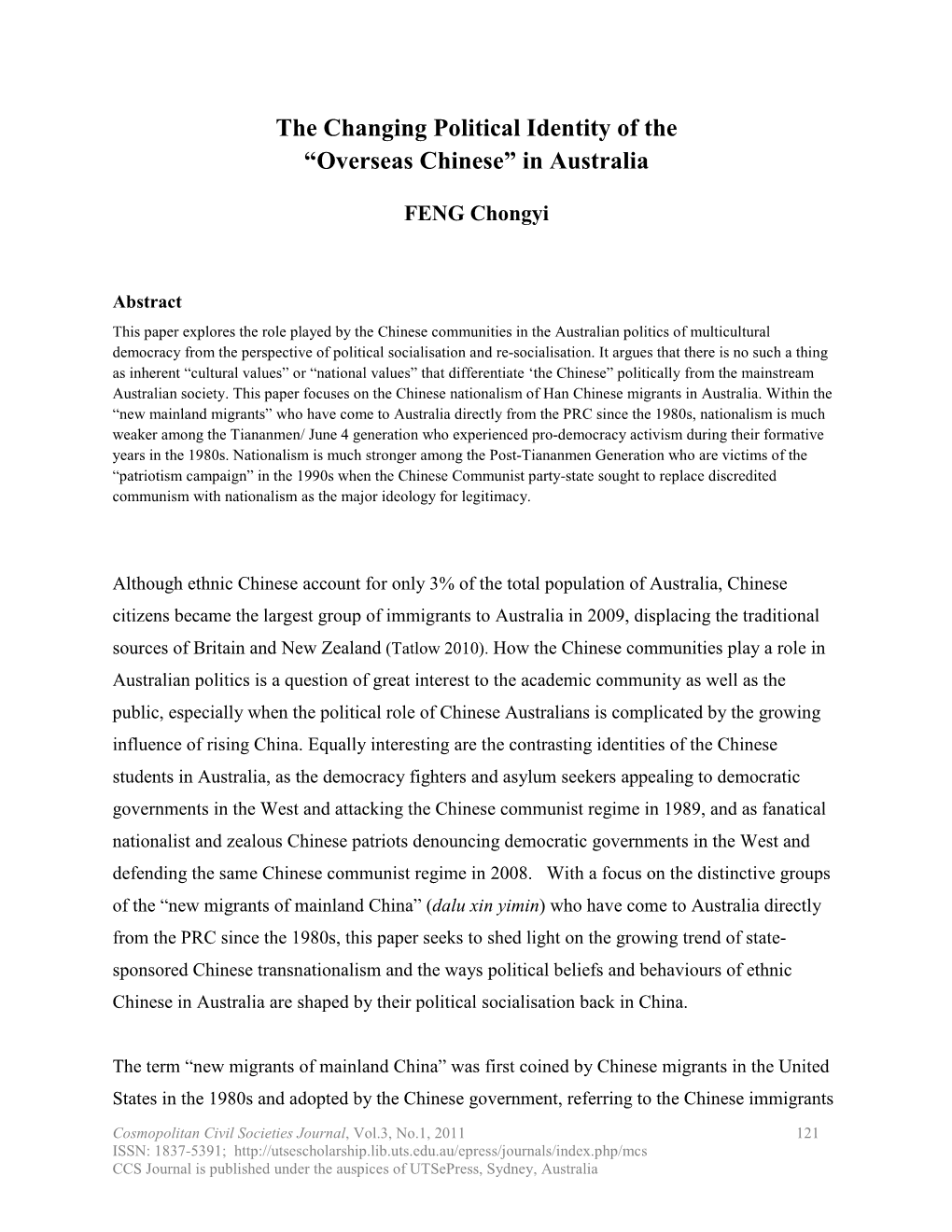 The Changing Political Identity of the “Overseas Chinese” in Australia