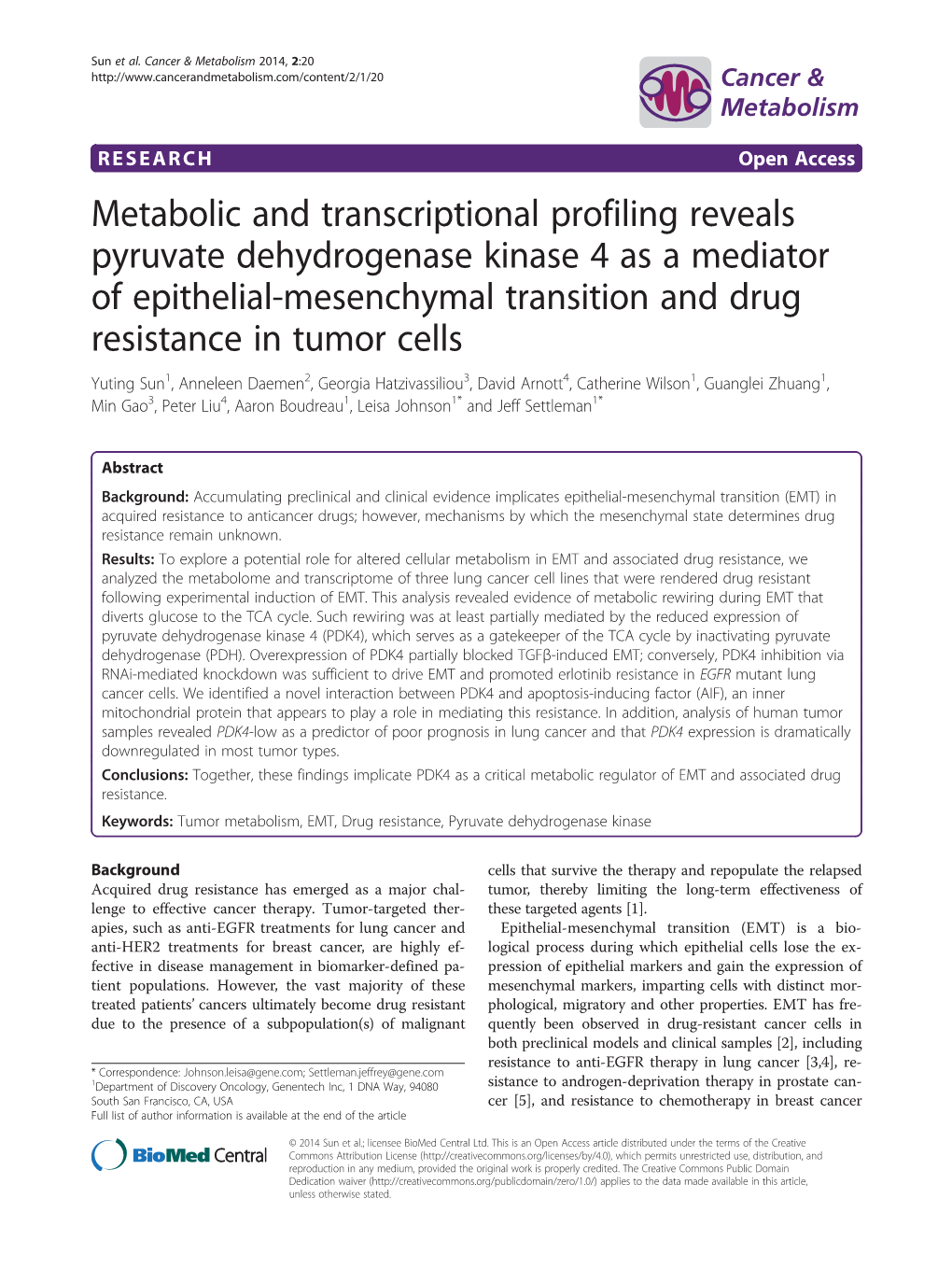 Metabolic and Transcriptional Profiling Reveals Pyruvate Dehydrogenase