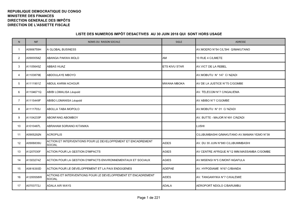 Republique Democratique Du Congo Ministere Des Finances Direction Generale Des Impôts Direction De L'assiette Fiscale