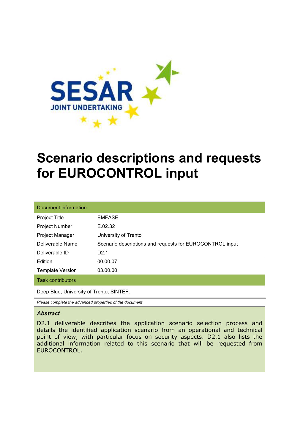 Scenario Descriptions and Requests for EUROCONTROL Input