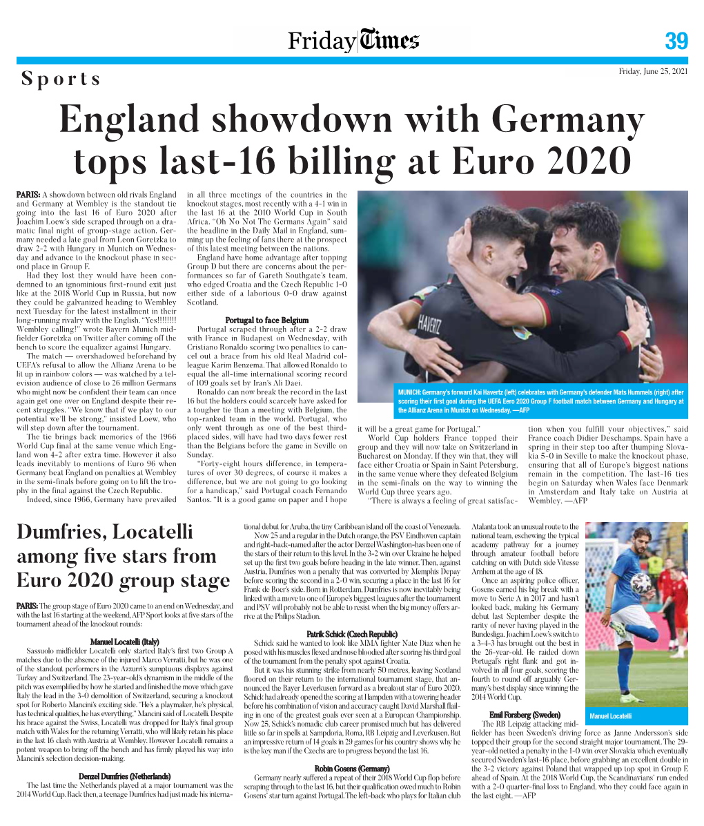 England Showdown with Germany Tops Last-16 Billing at Euro 2020