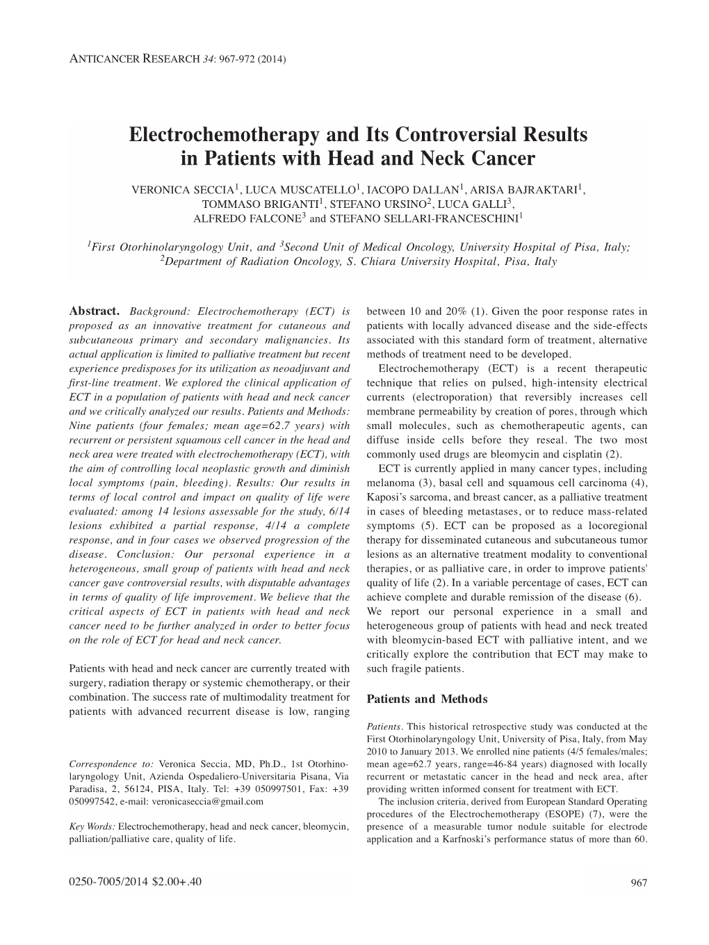 Electrochemotherapy and Its Controversial Results in Patients with Head and Neck Cancer