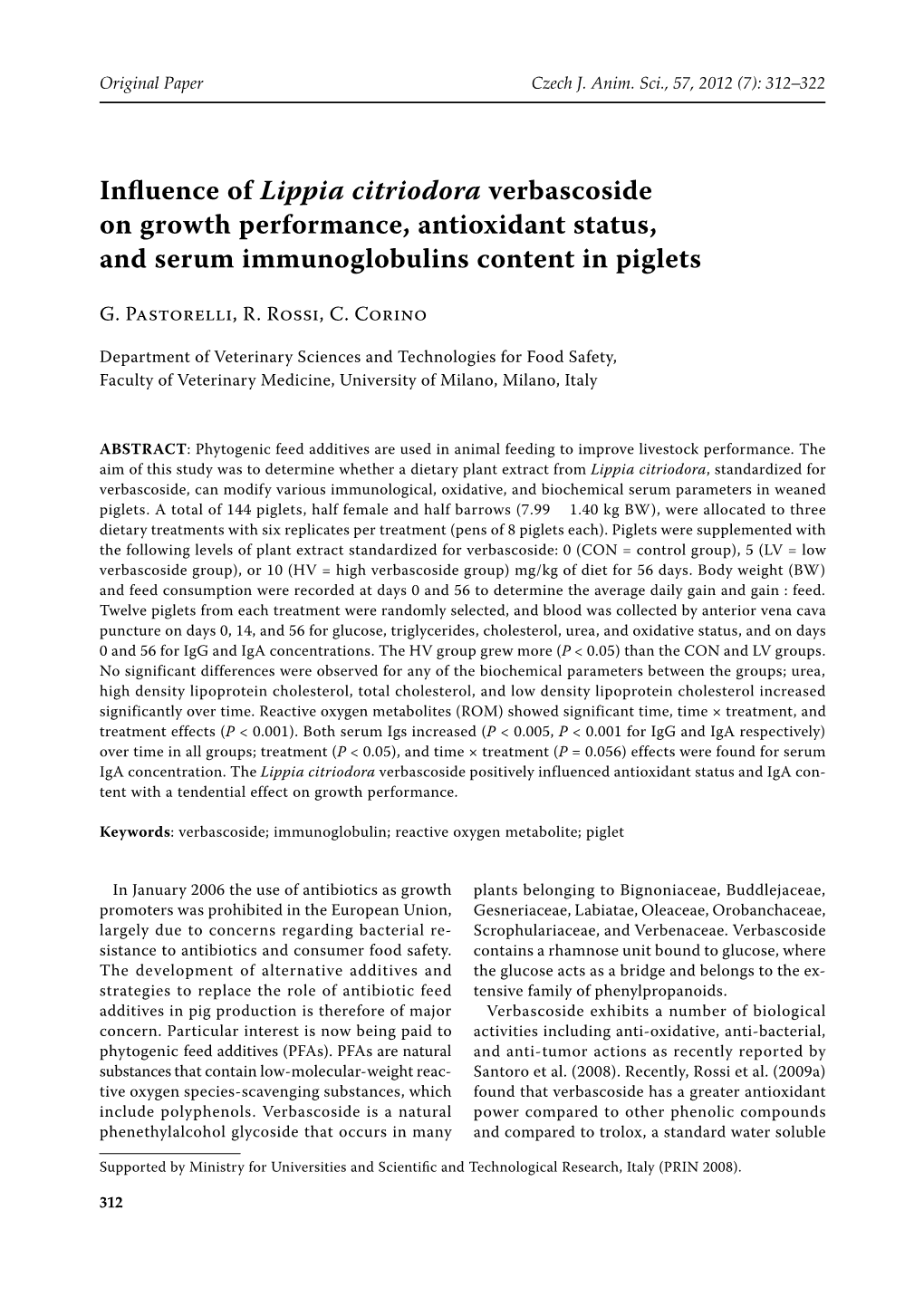 Influence of Lippia Citriodora Verbascoside on Growth Performance, Antioxidant Status, and Serum Immunoglobulins Content in Piglets