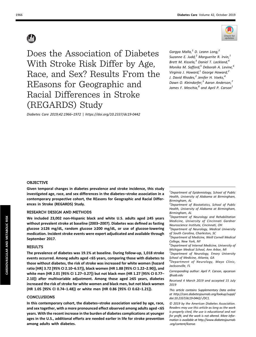 Does the Association of Diabetes with Stroke Risk Differ by Age, Race