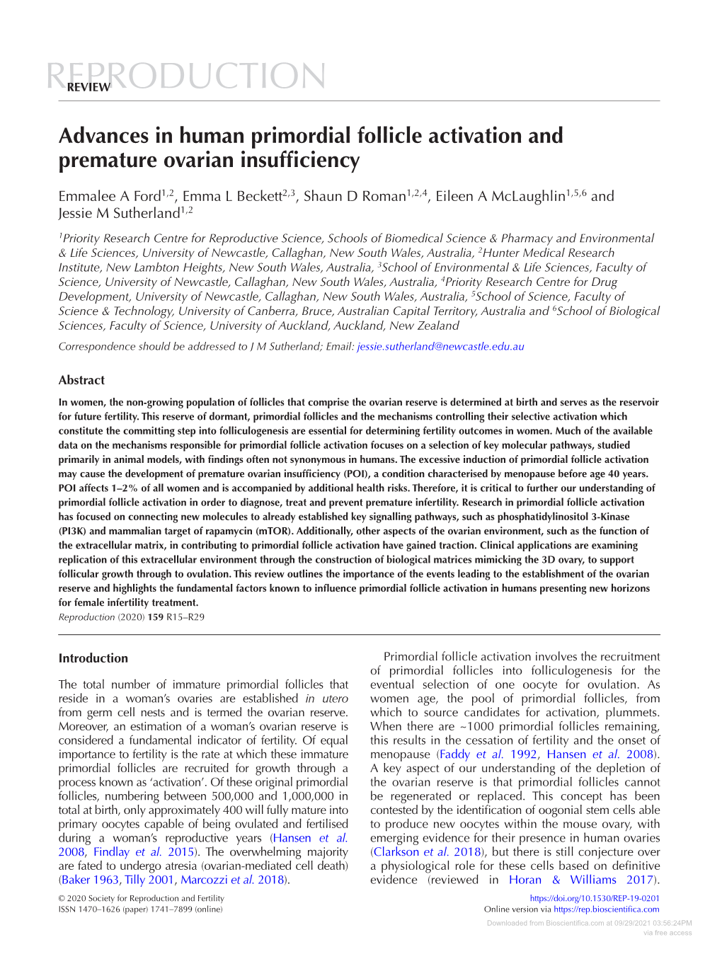 Advances in Human Primordial Follicle Activation and Premature Ovarian Insufficiency