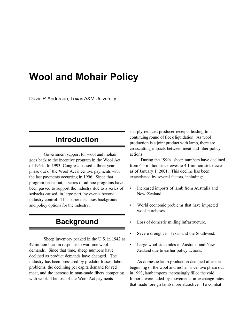 Wool and Mohair Policy