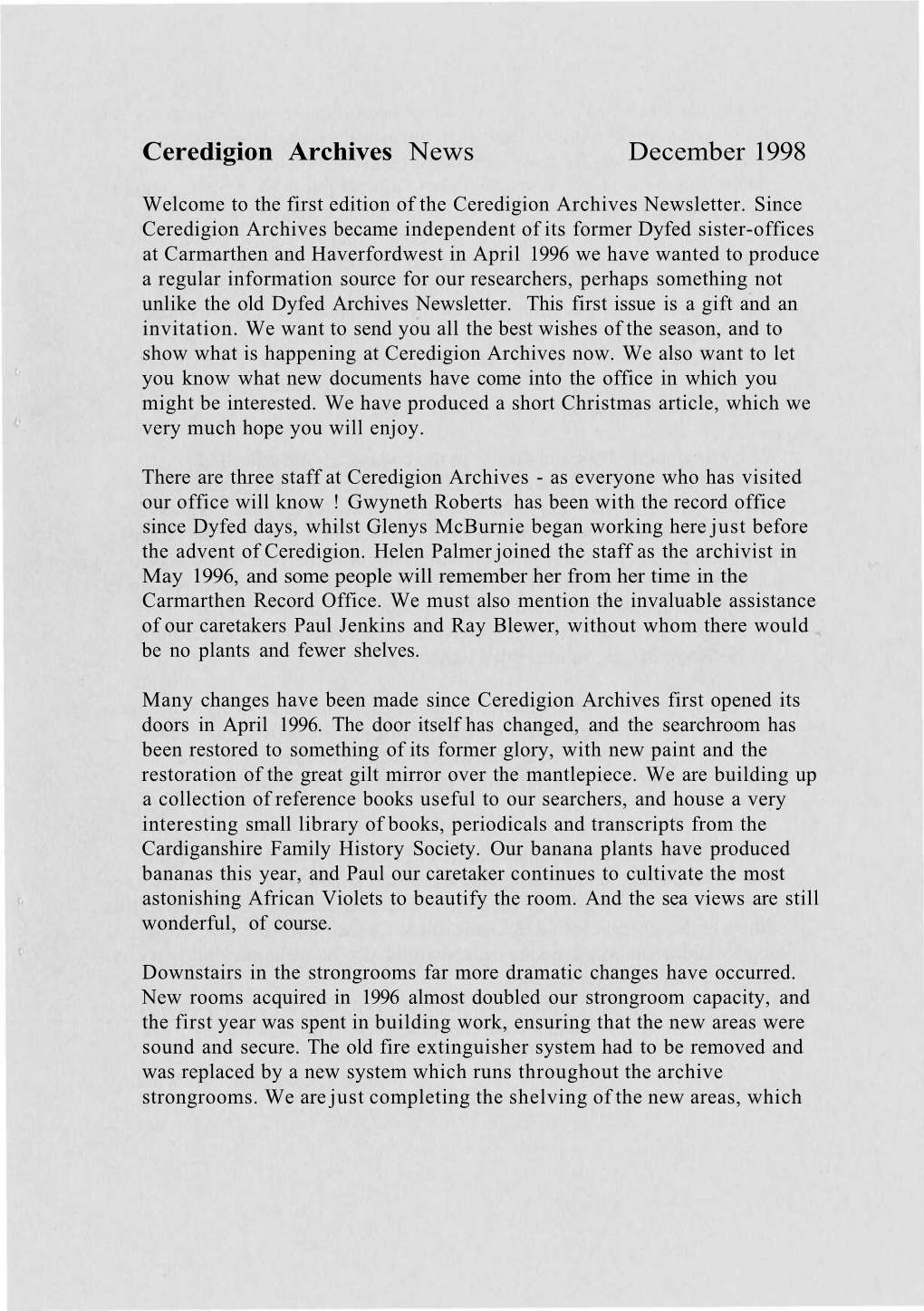 Ceredigion Archives News December 1998