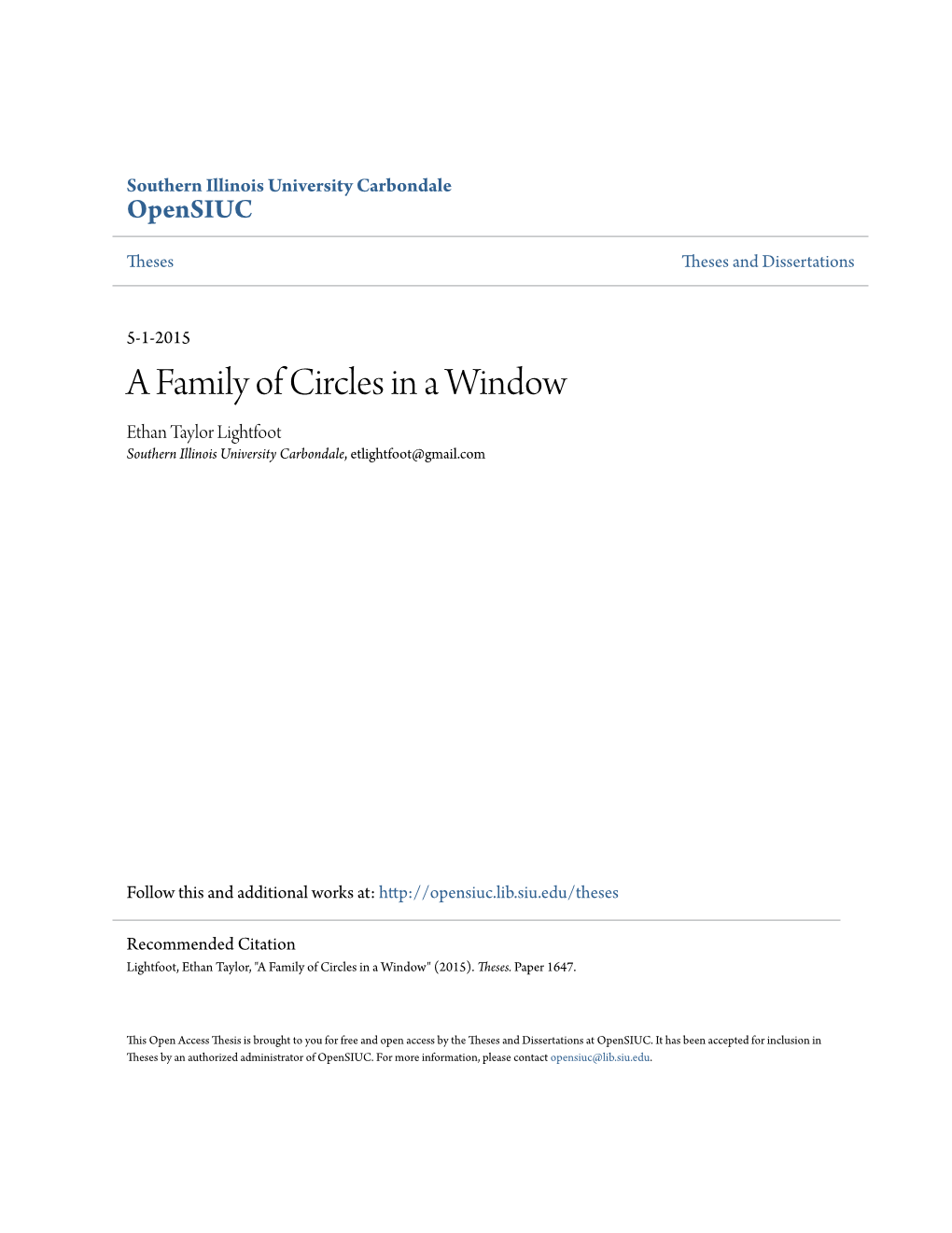 A Family of Circles in a Window Ethan Taylor Lightfoot Southern Illinois University Carbondale, Etlightfoot@Gmail.Com