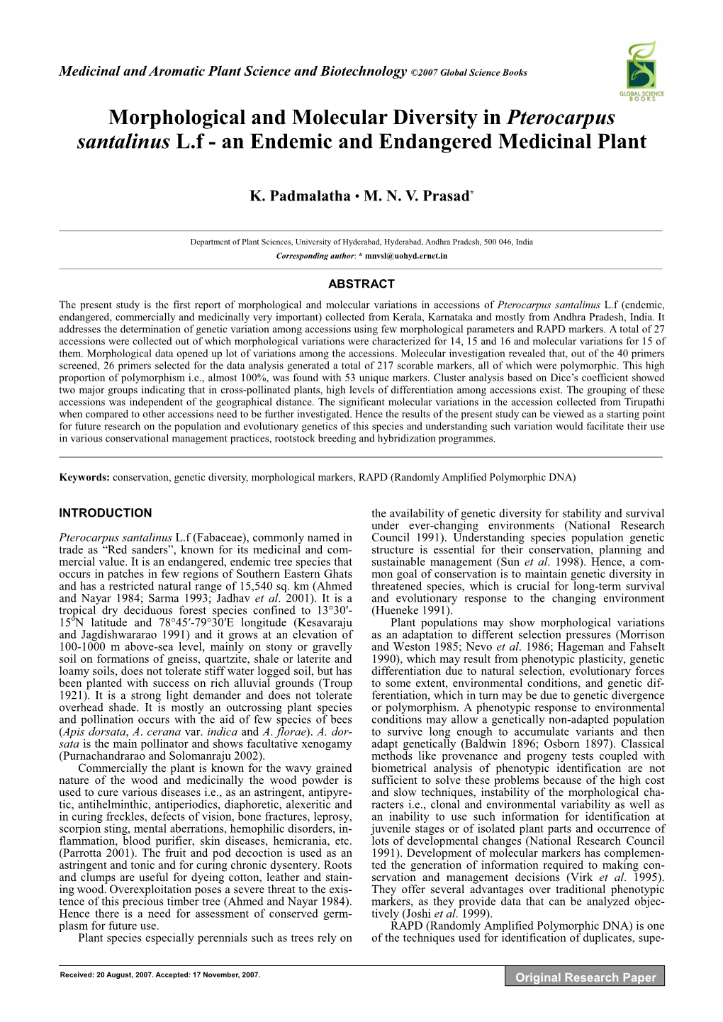 Morphological and Molecular Diversity in Pterocarpus Santalinus L.F - an Endemic and Endangered Medicinal Plant